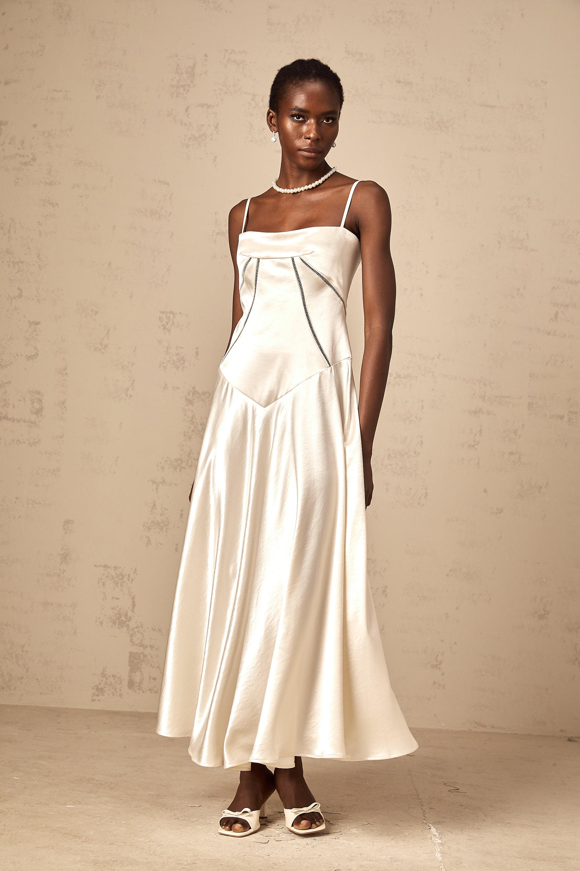 Claudia white flared satin maxi dress