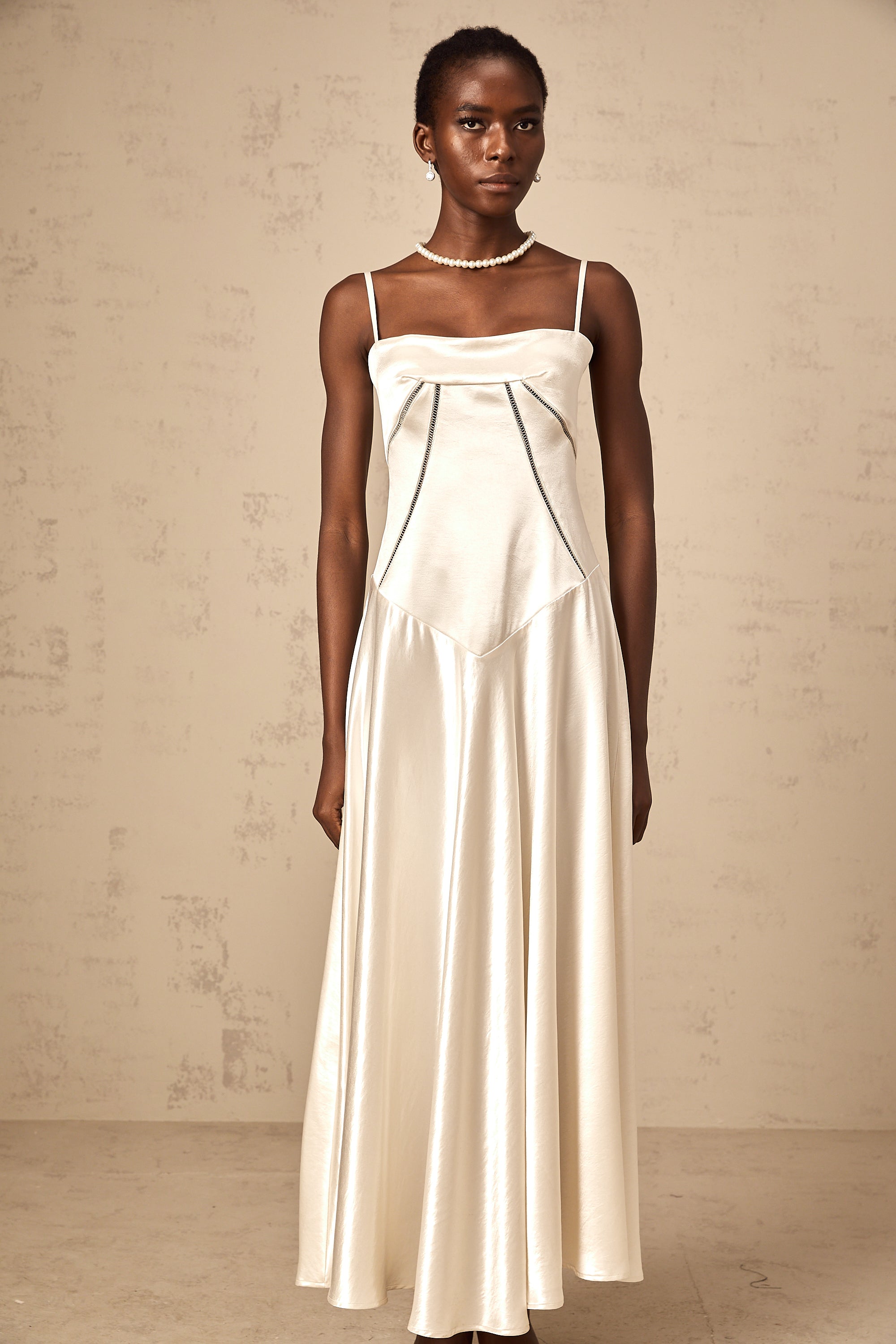 Claudia white flared satin maxi dress