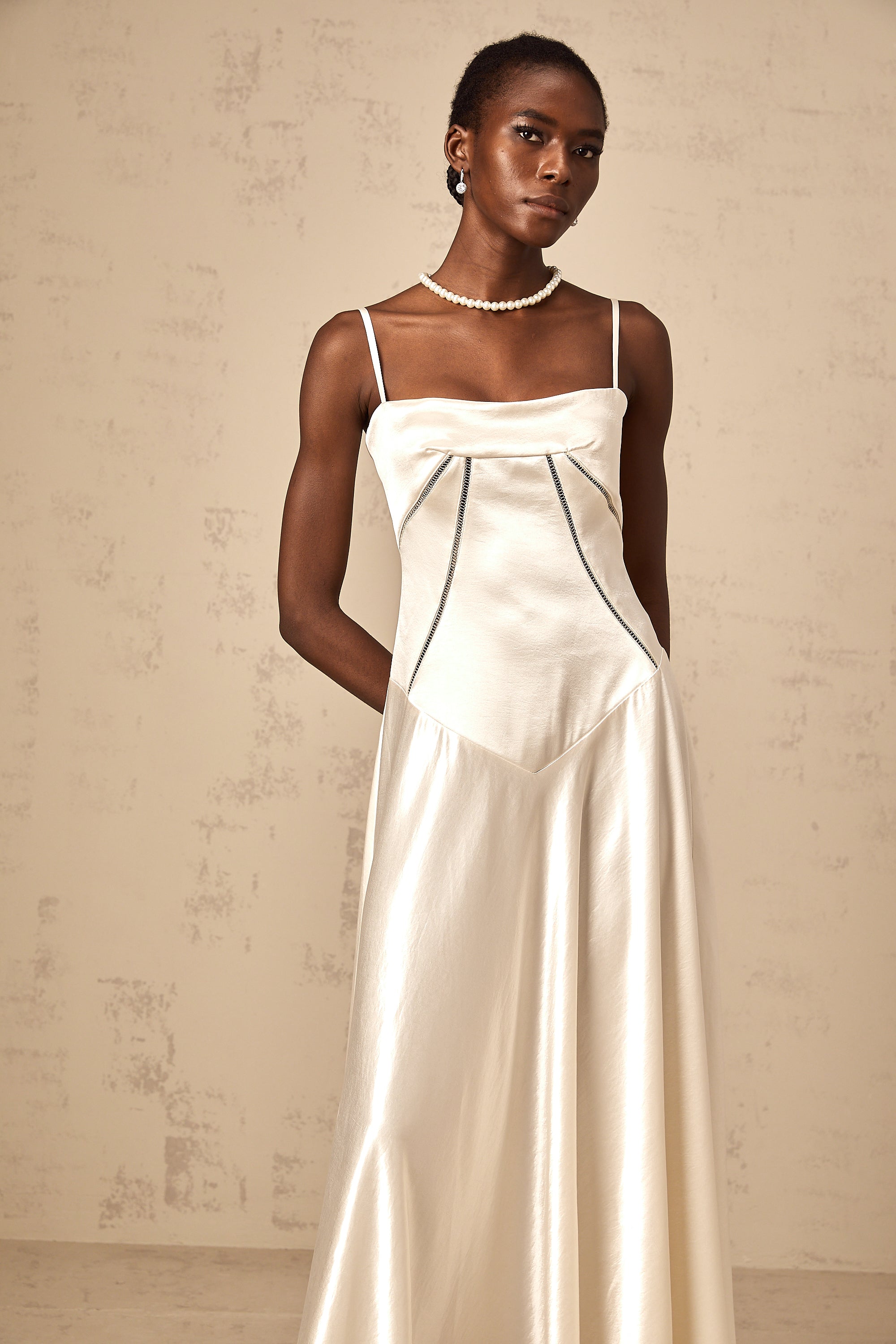 Claudia white flared satin maxi dress