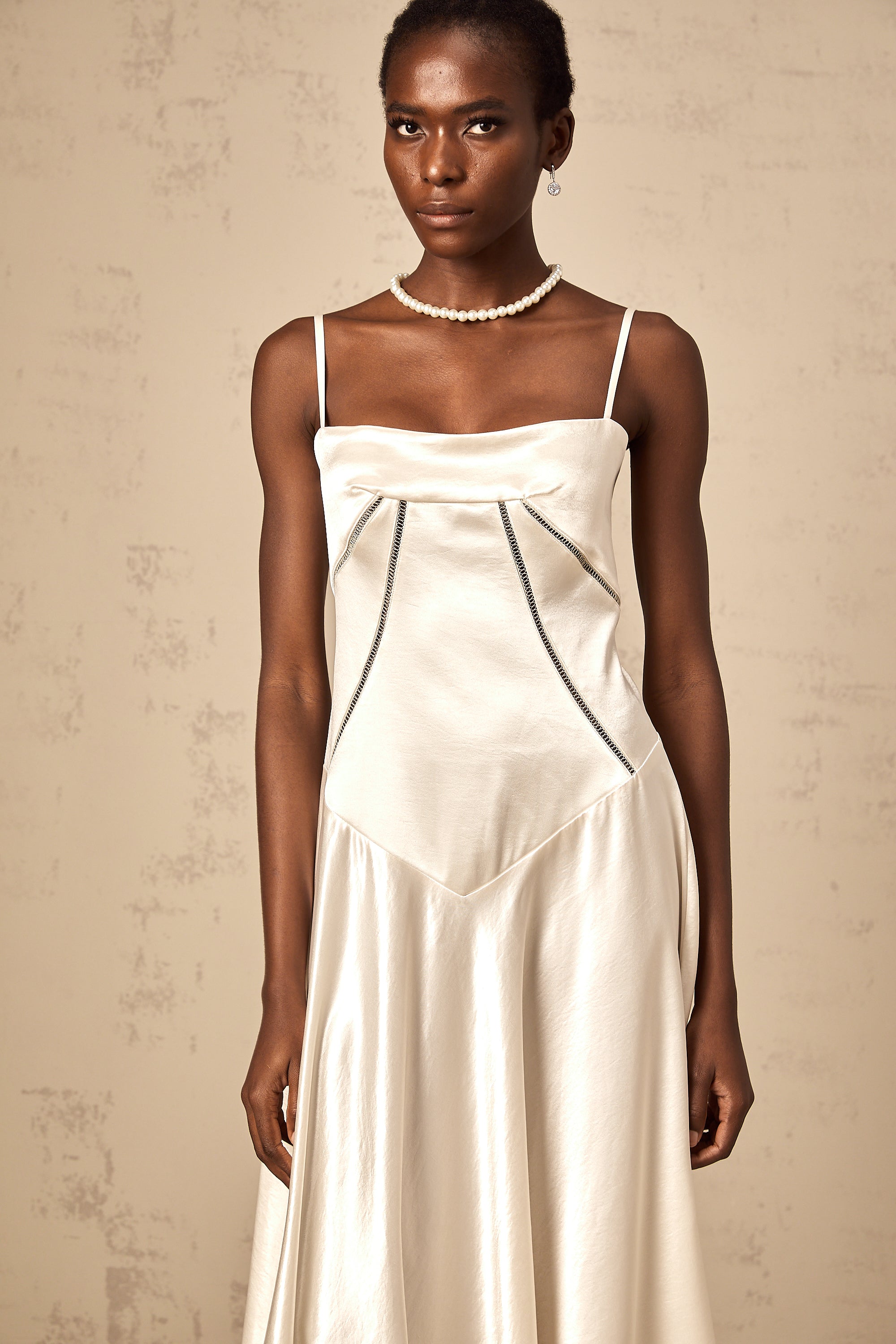 Claudia white flared satin maxi dress