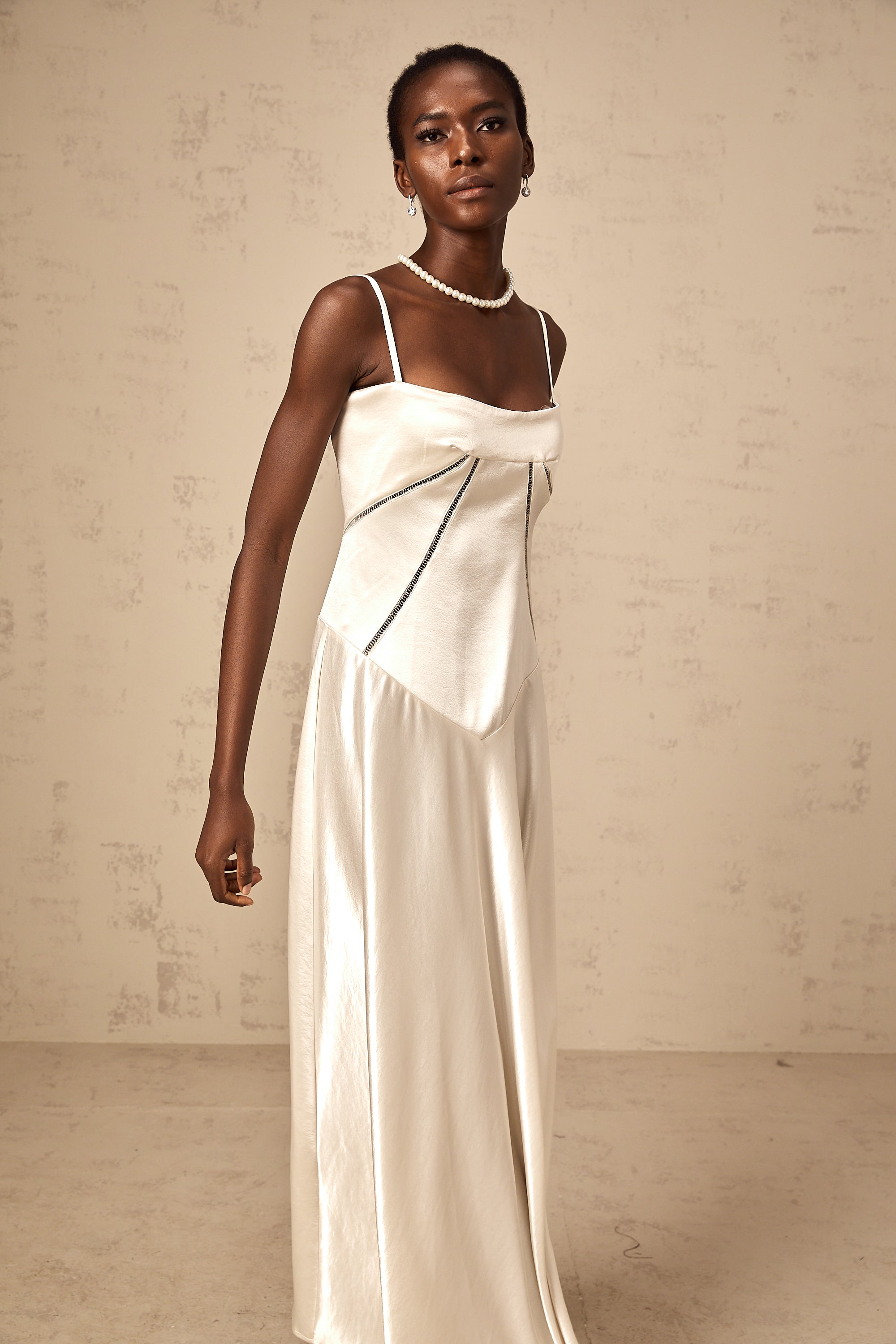 Claudia white flared satin maxi dress