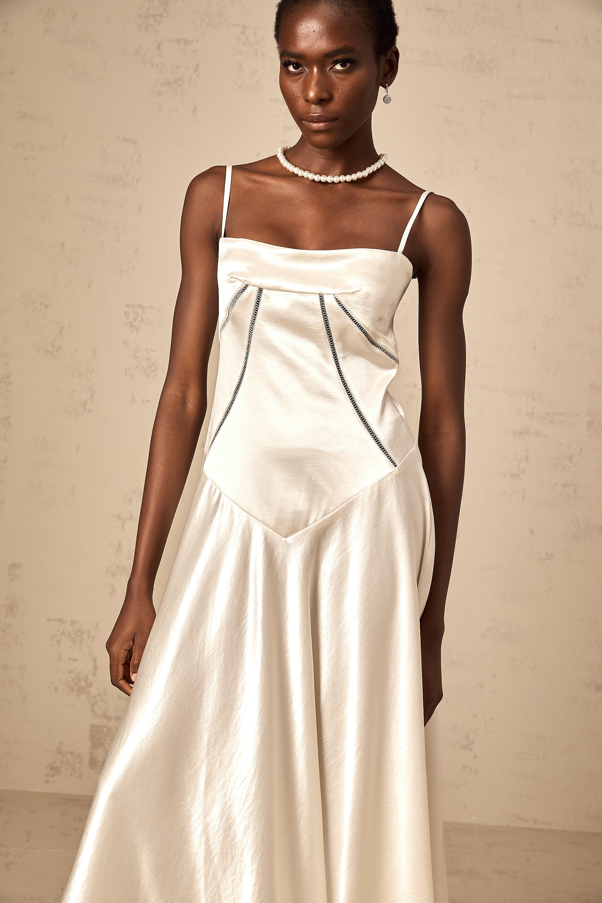 Claudia white flared satin maxi dress