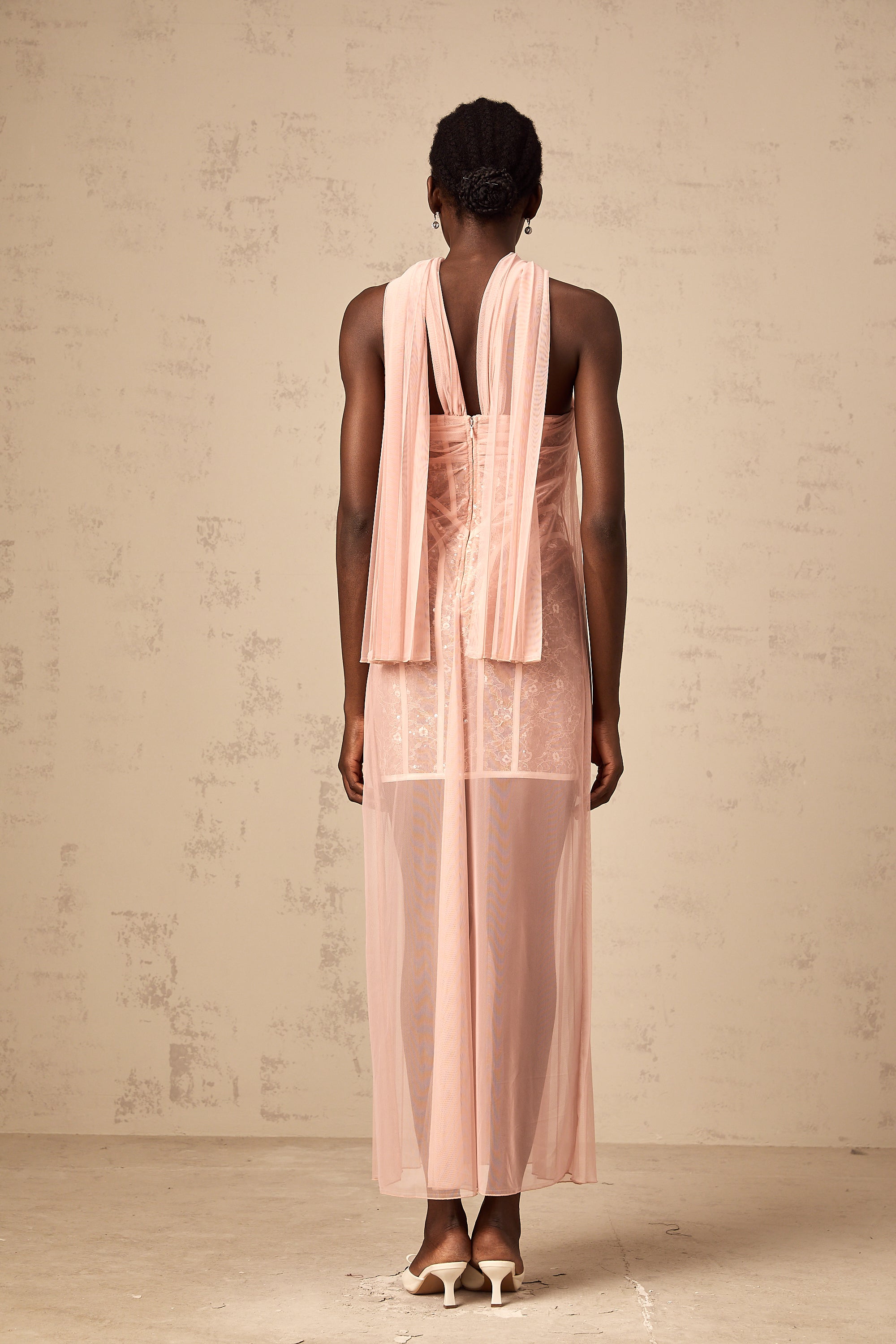 Monique ribbon-design pleated tulle maxi dress in Pink