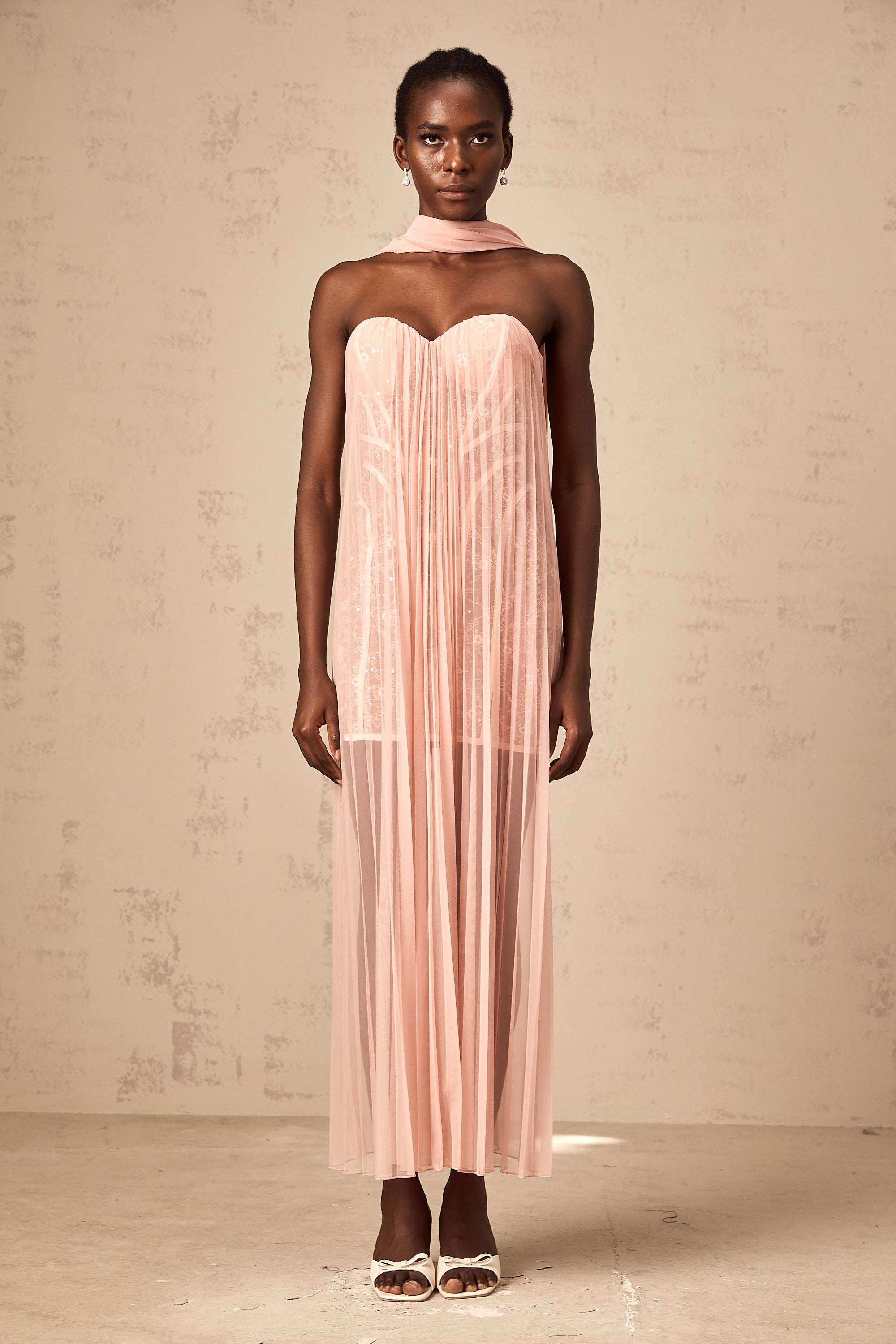 Monique ribbon-design pleated tulle maxi dress in Pink