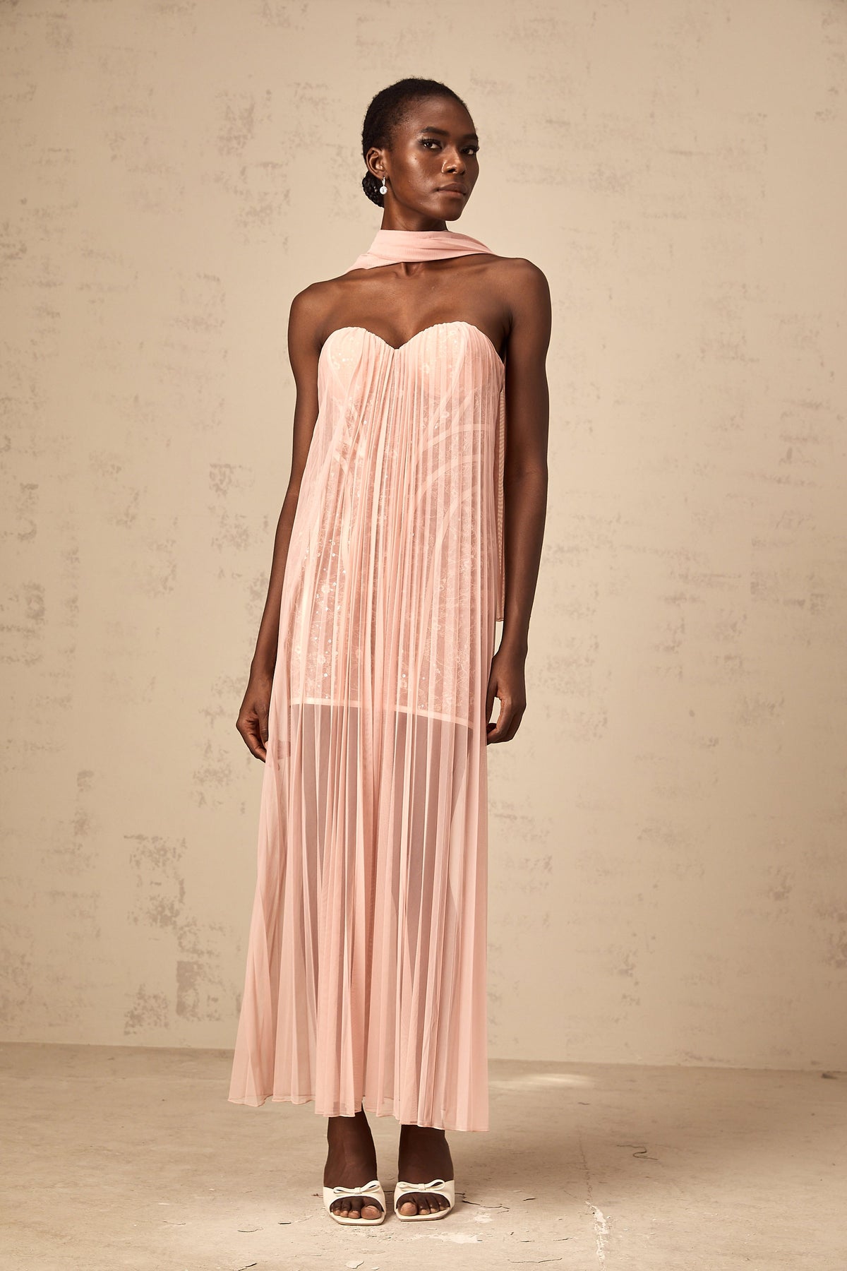 Monique ribbon-design pleated tulle maxi dress in Pink