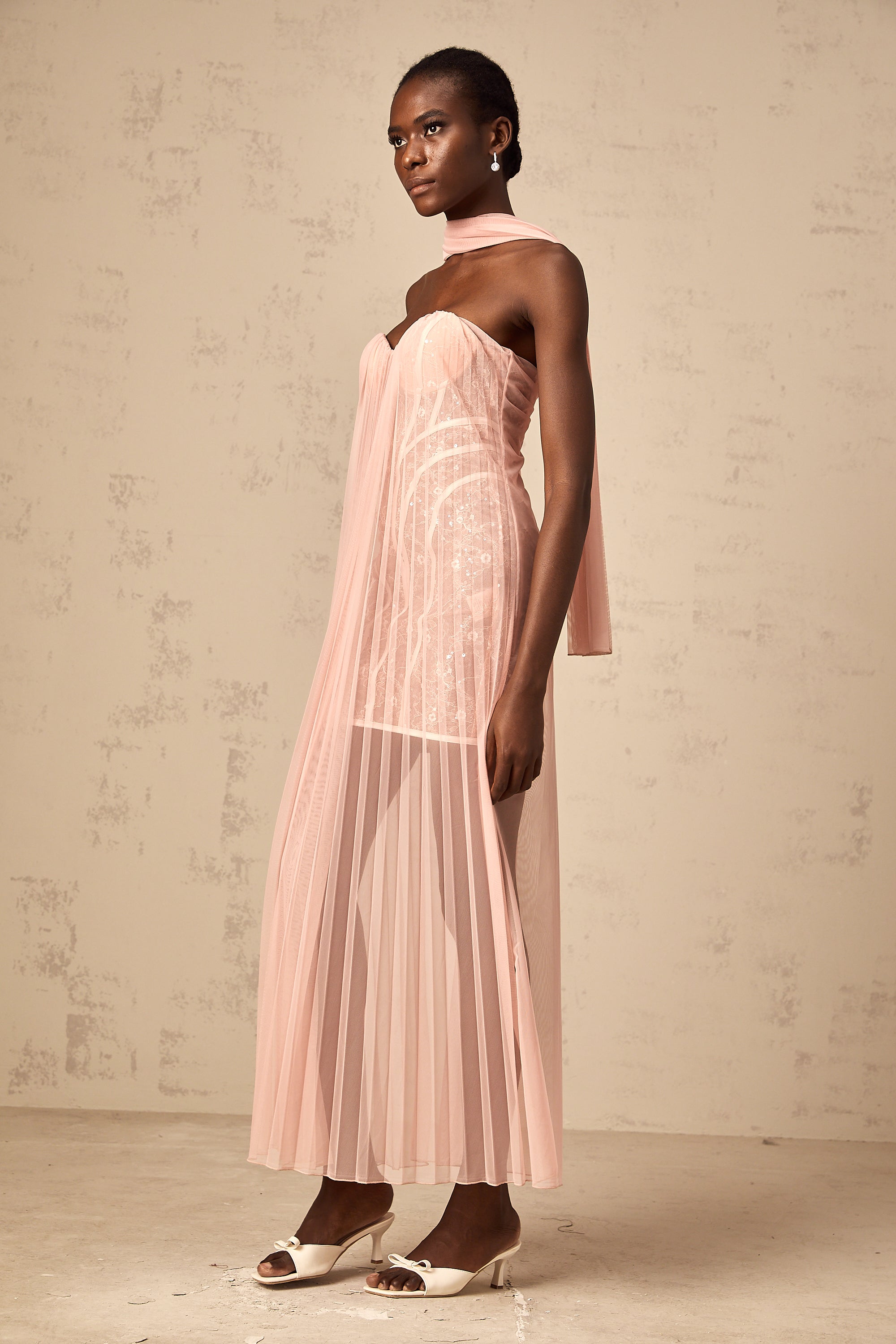 Monique ribbon-design pleated tulle maxi dress in Pink