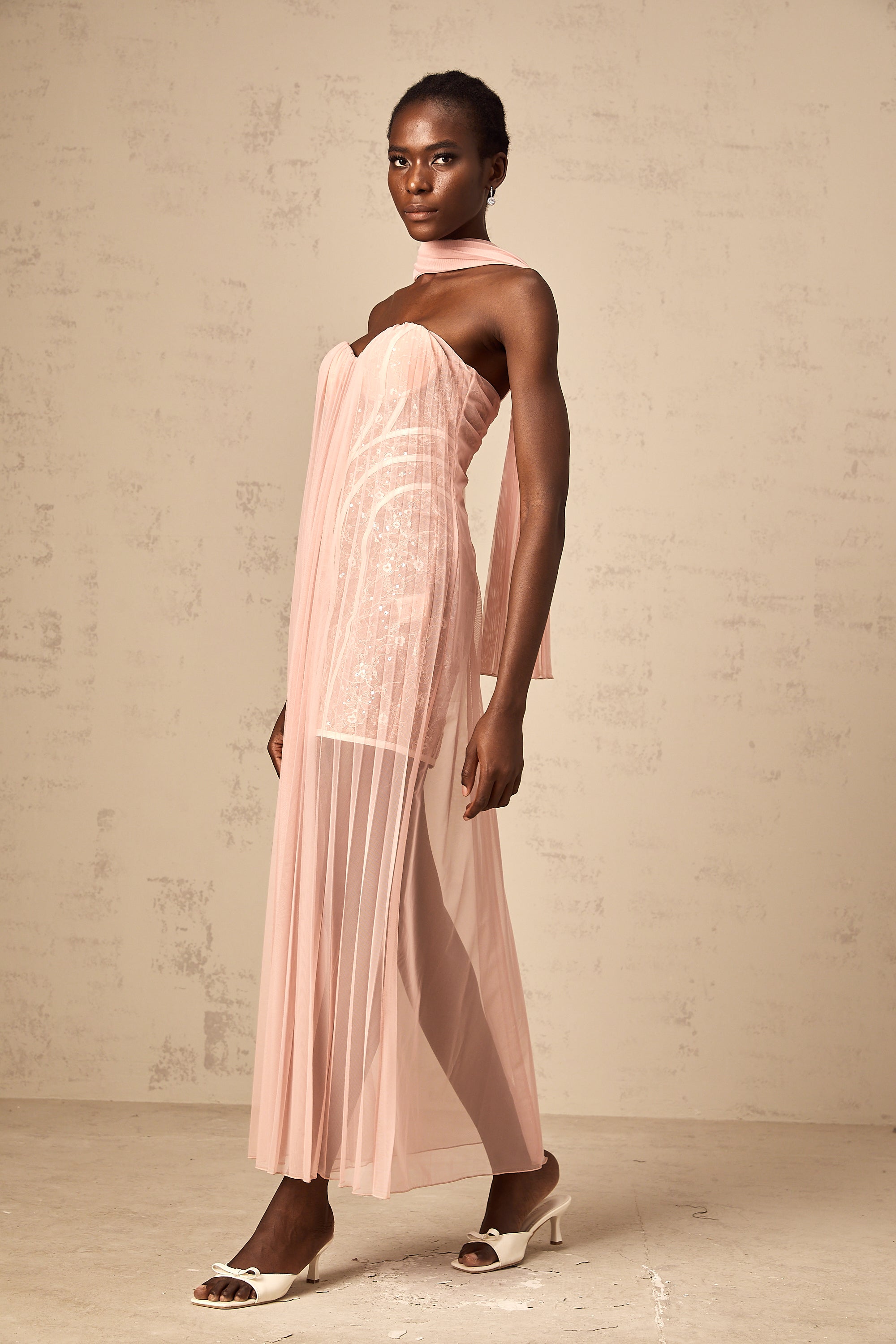 Monique ribbon-design pleated tulle maxi dress in Pink
