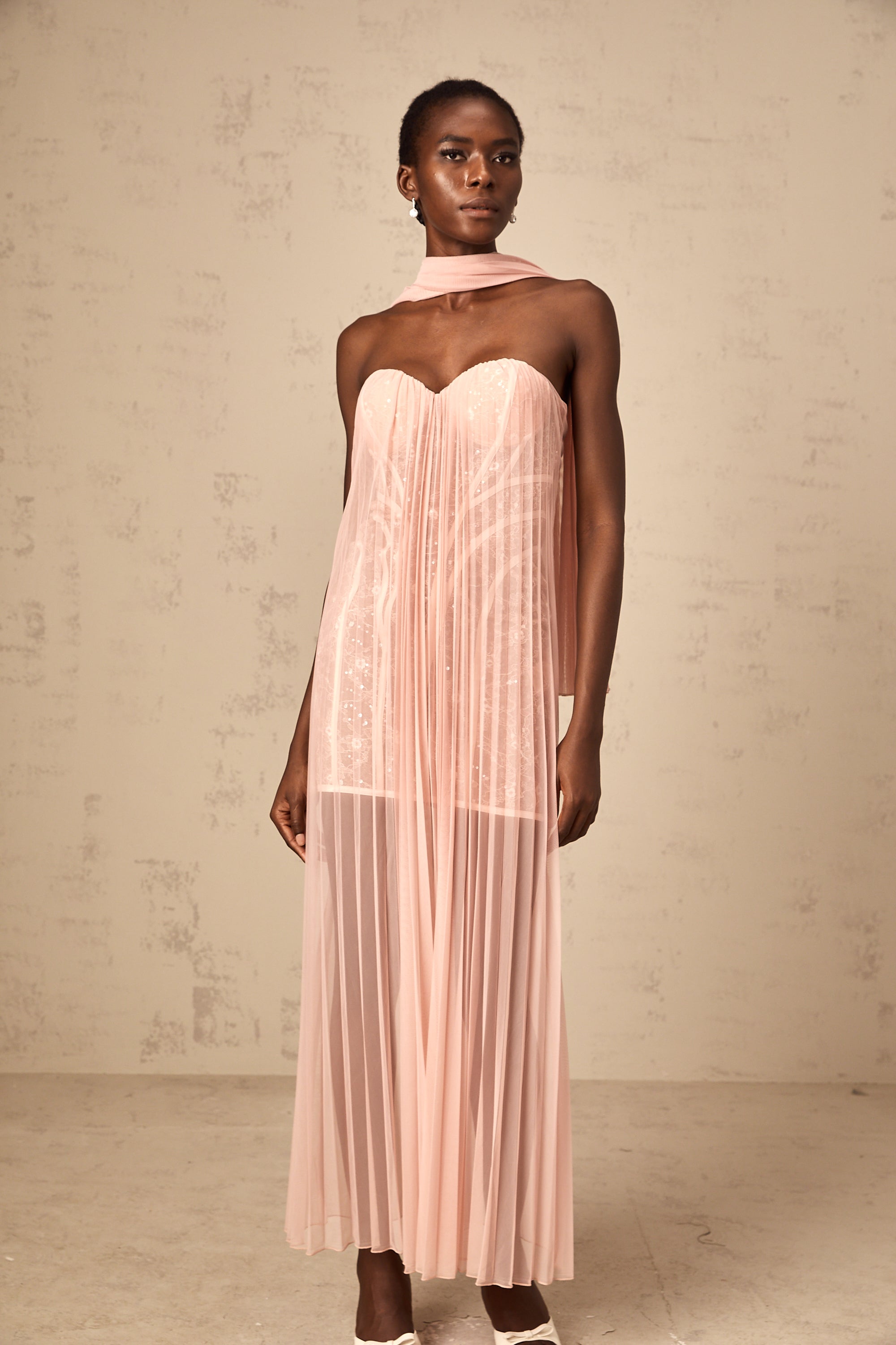 Monique ribbon-design pleated tulle maxi dress in Pink