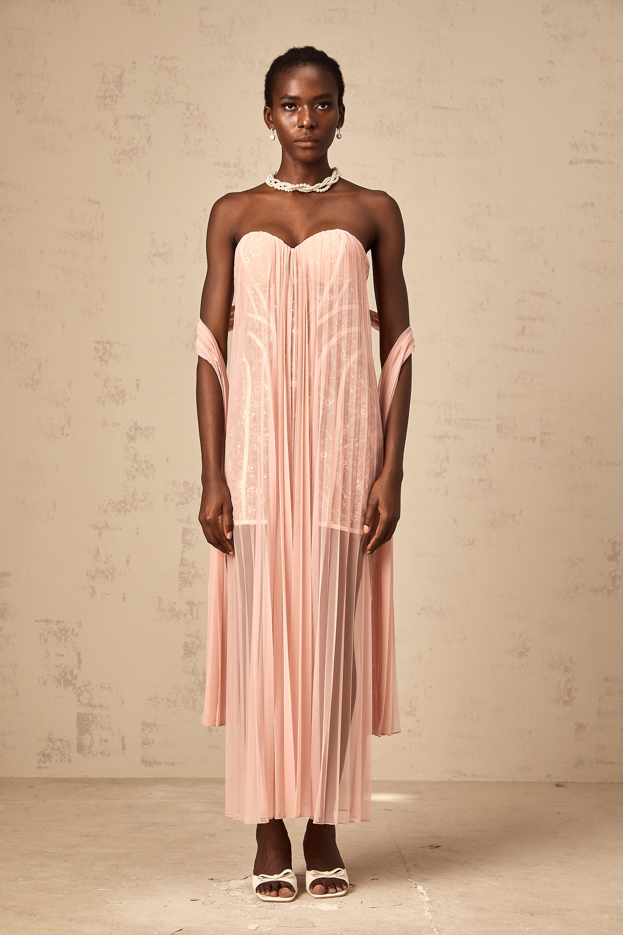 Monique ribbon-design pleated tulle maxi dress in Pink