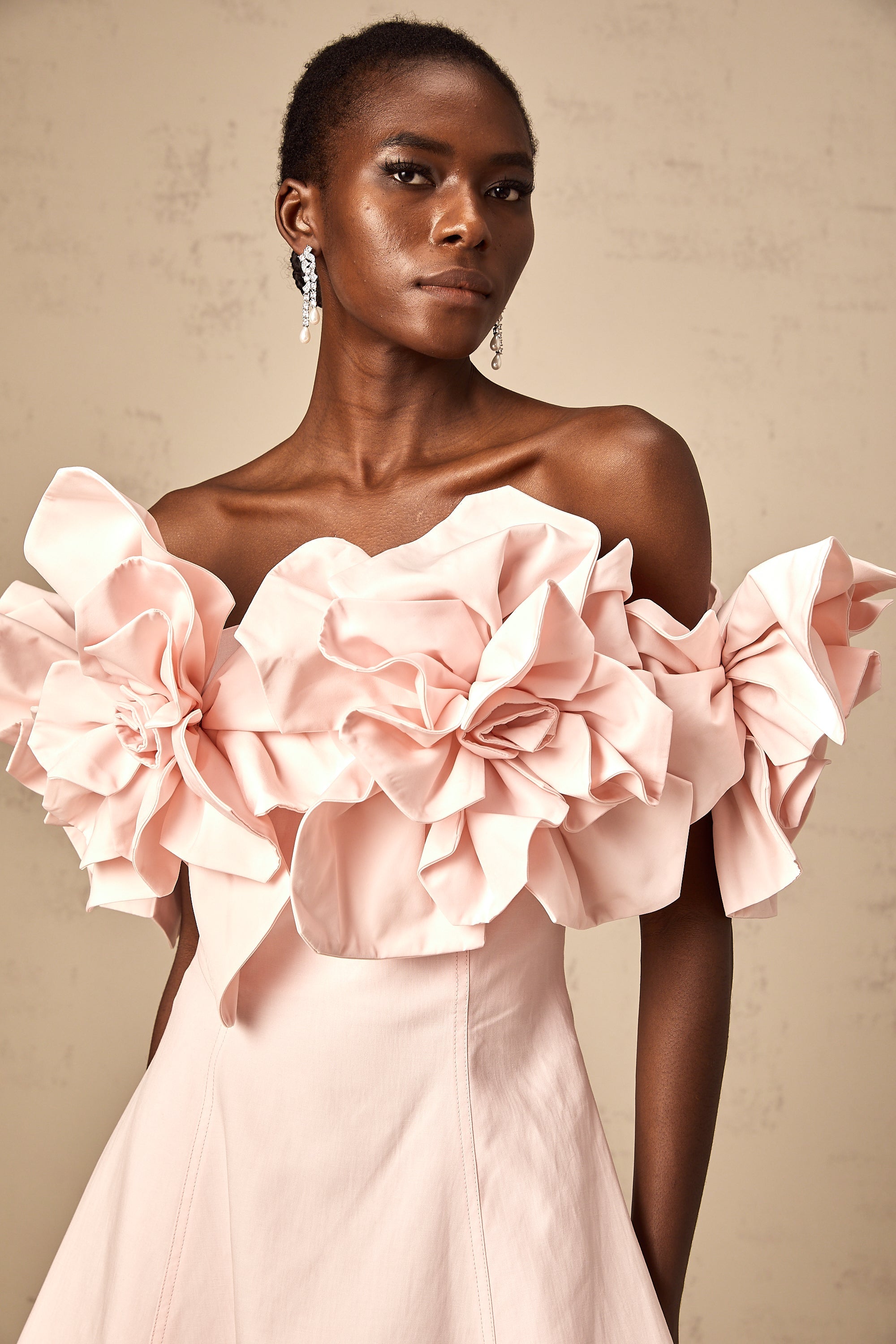 Juliette pink off-shoulder 3D-petal mini dress