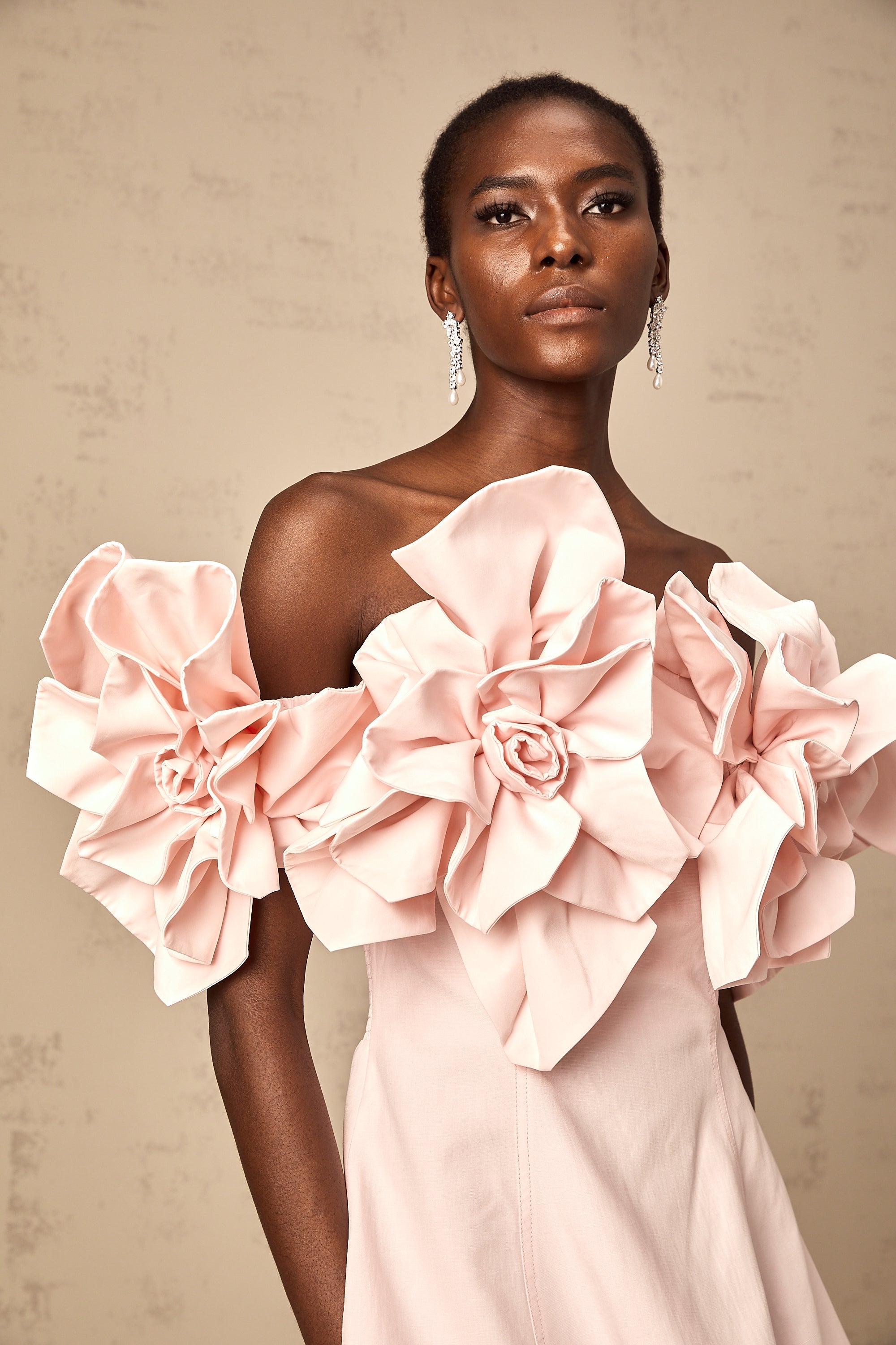 Juliette pink off-shoulder 3D-petal mini dress