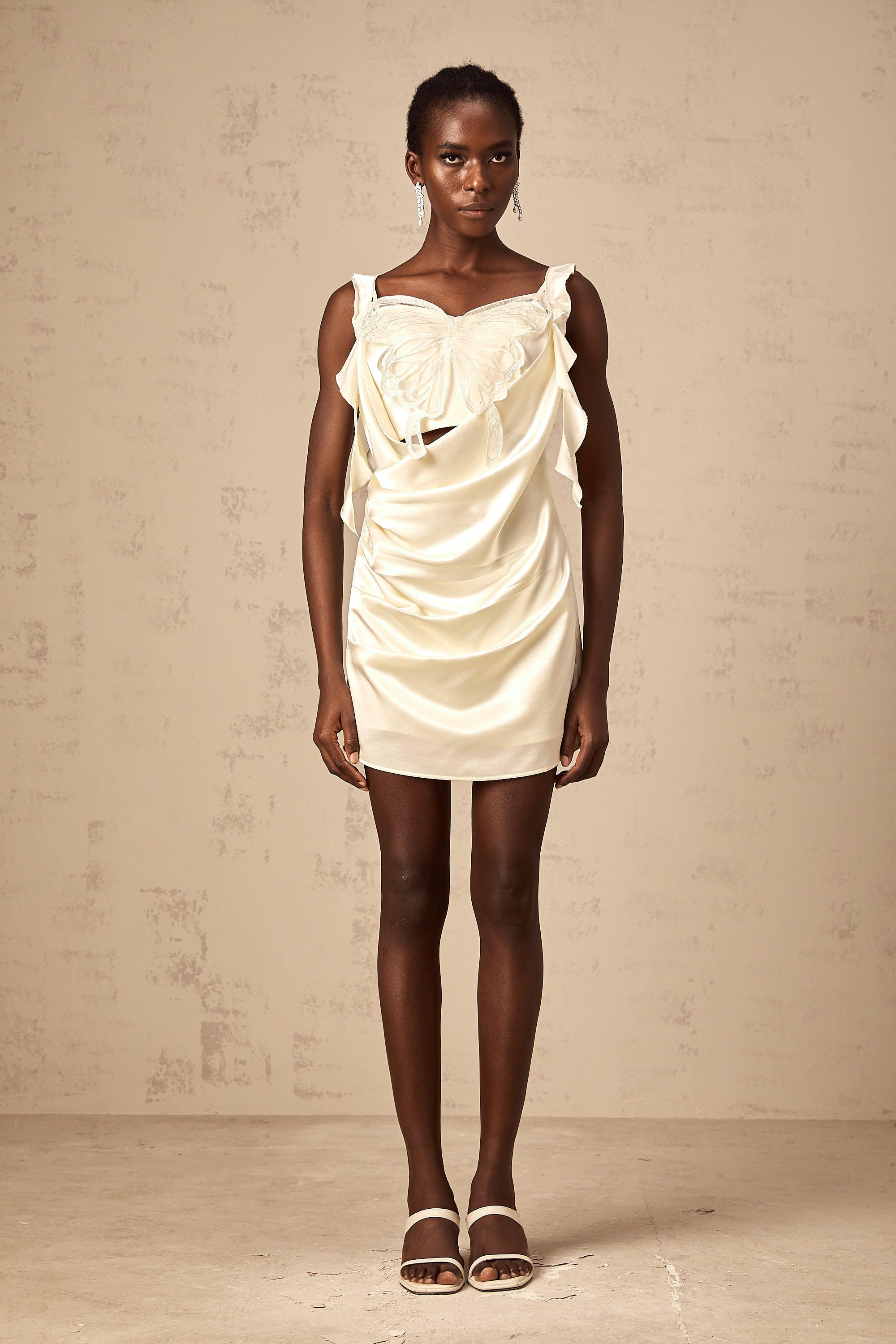 Sylvia neutrals butterfly draped mini dress