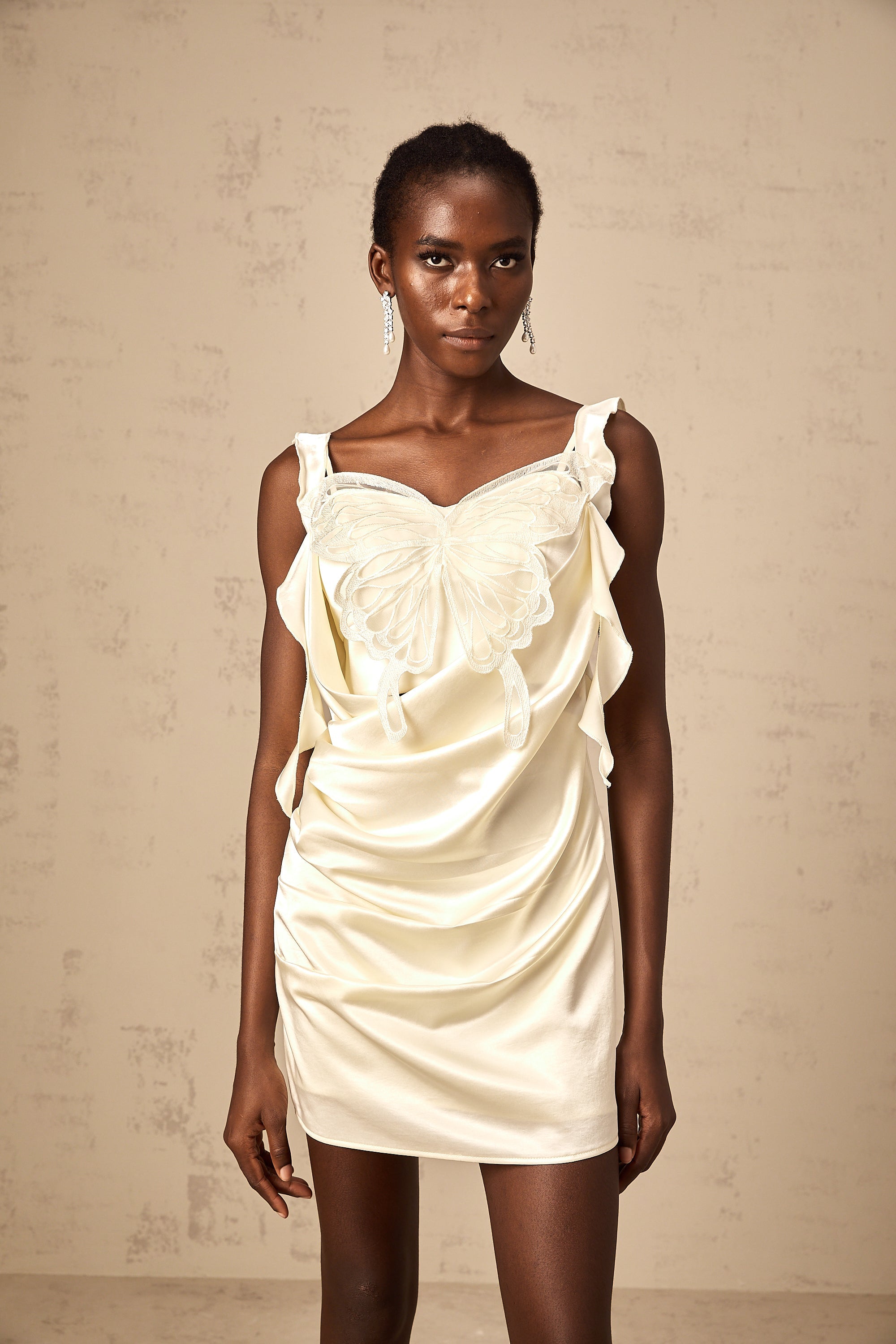 Sylvia neutrals butterfly draped mini dress