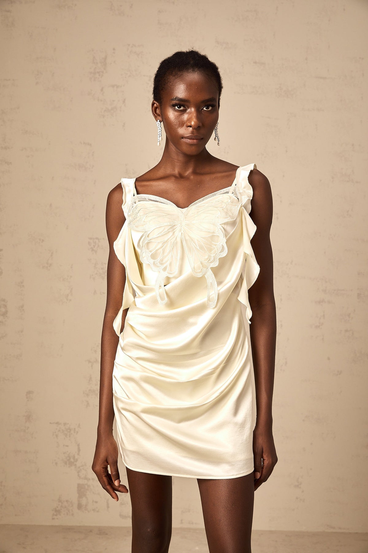 Sylvia neutrals butterfly draped mini dress