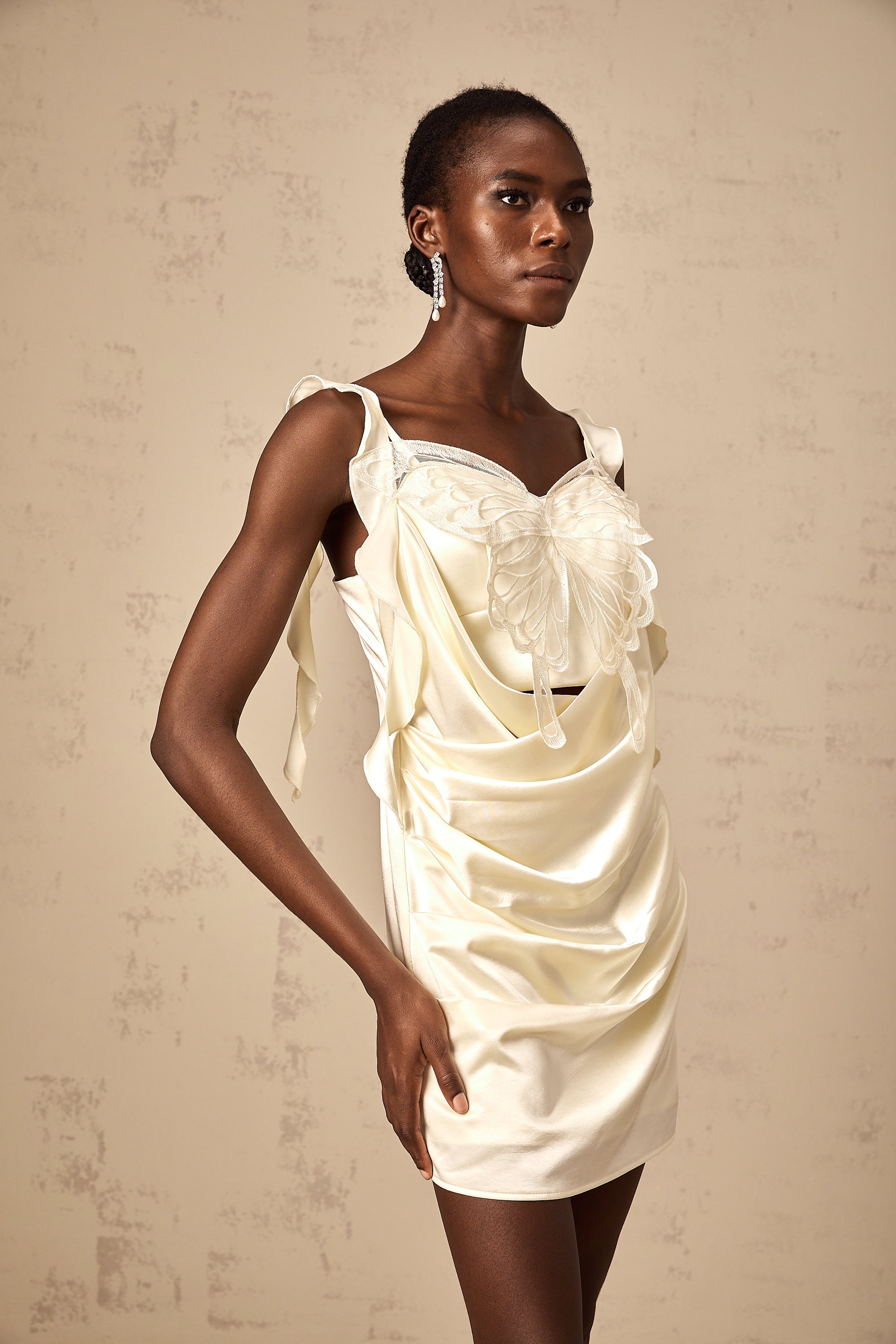 Sylvia neutrals butterfly draped mini dress