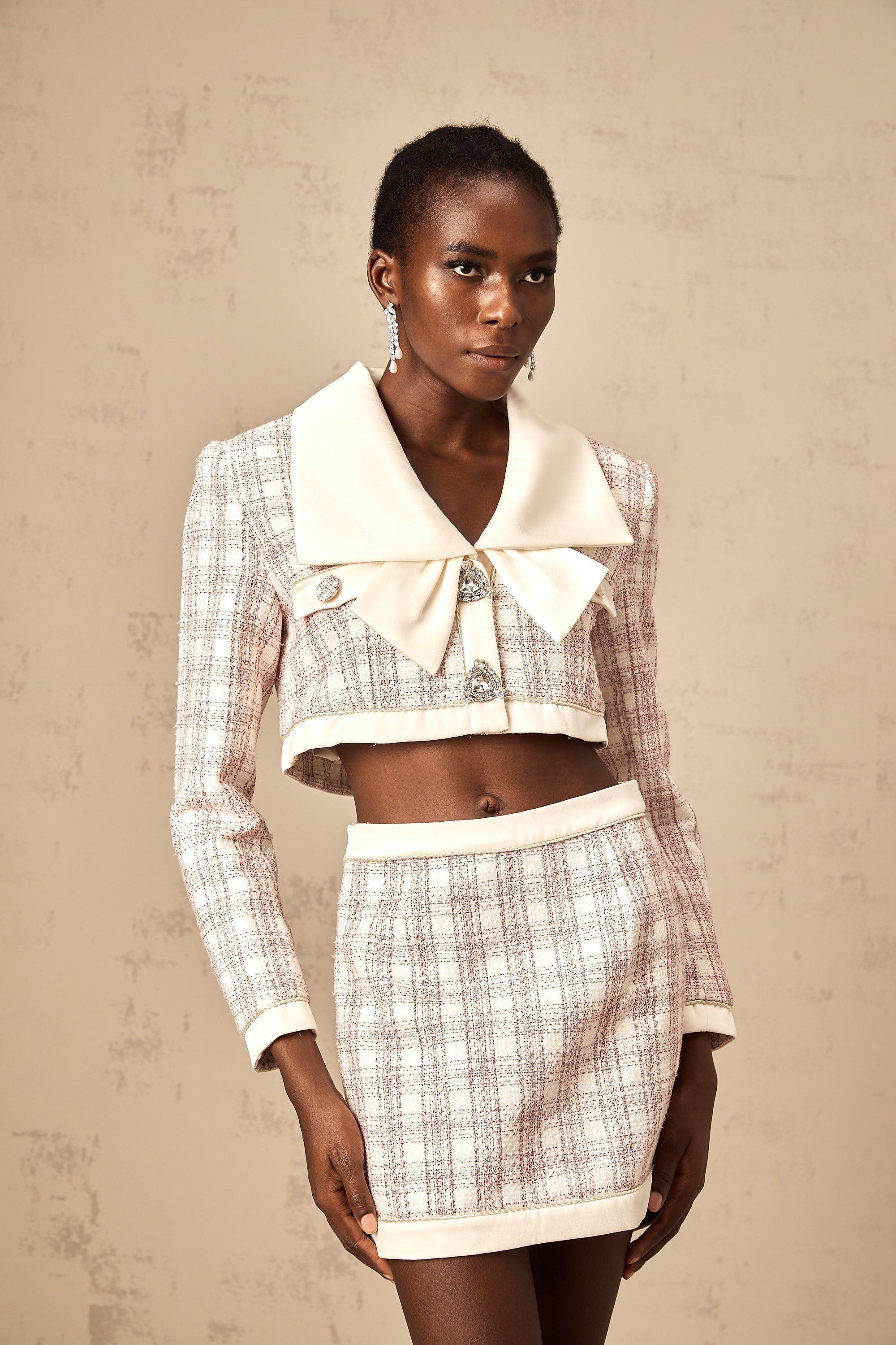 Ludivine pink checked tweed jacket & skirt matching set