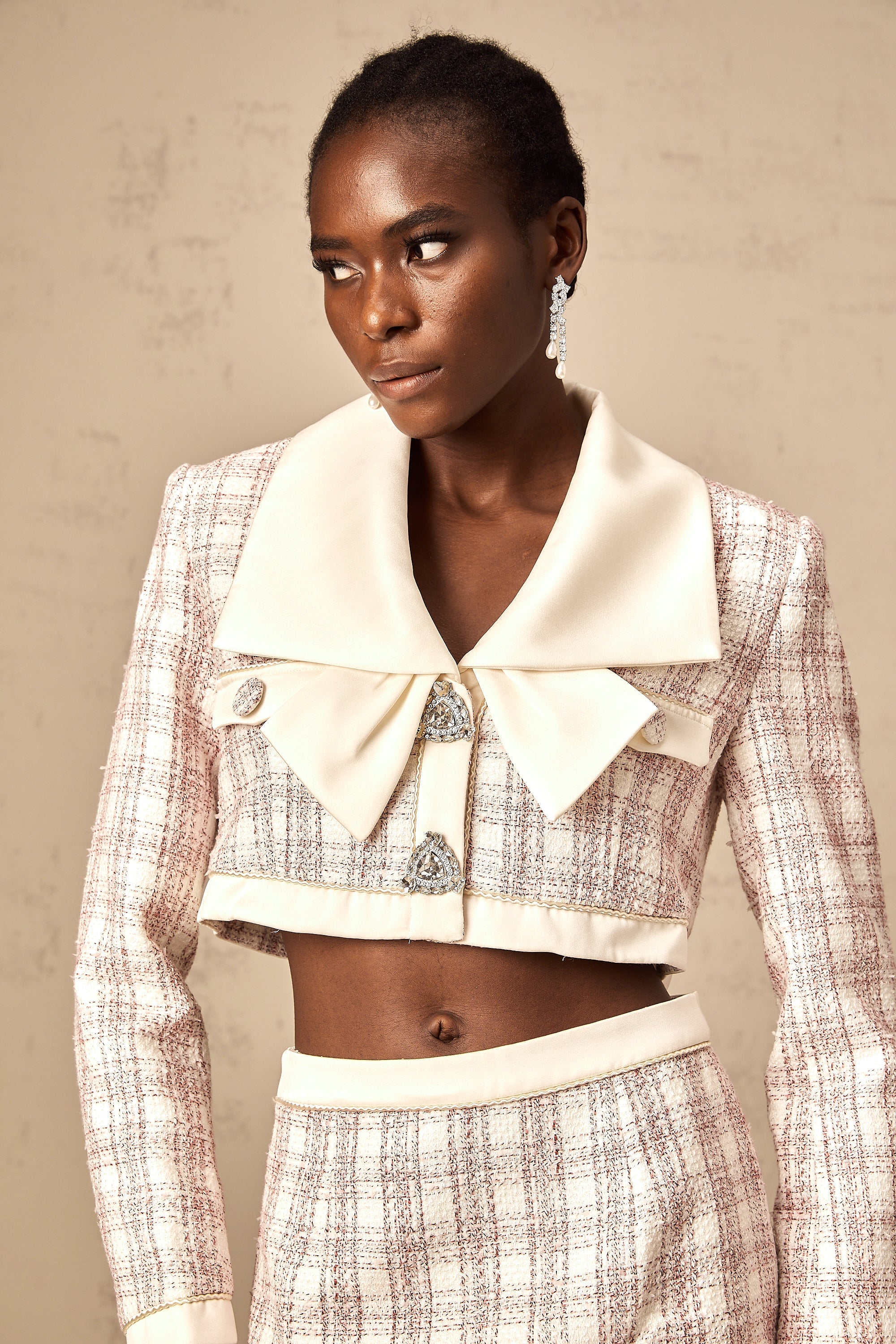 Ludivine pink checked tweed jacket & skirt matching set