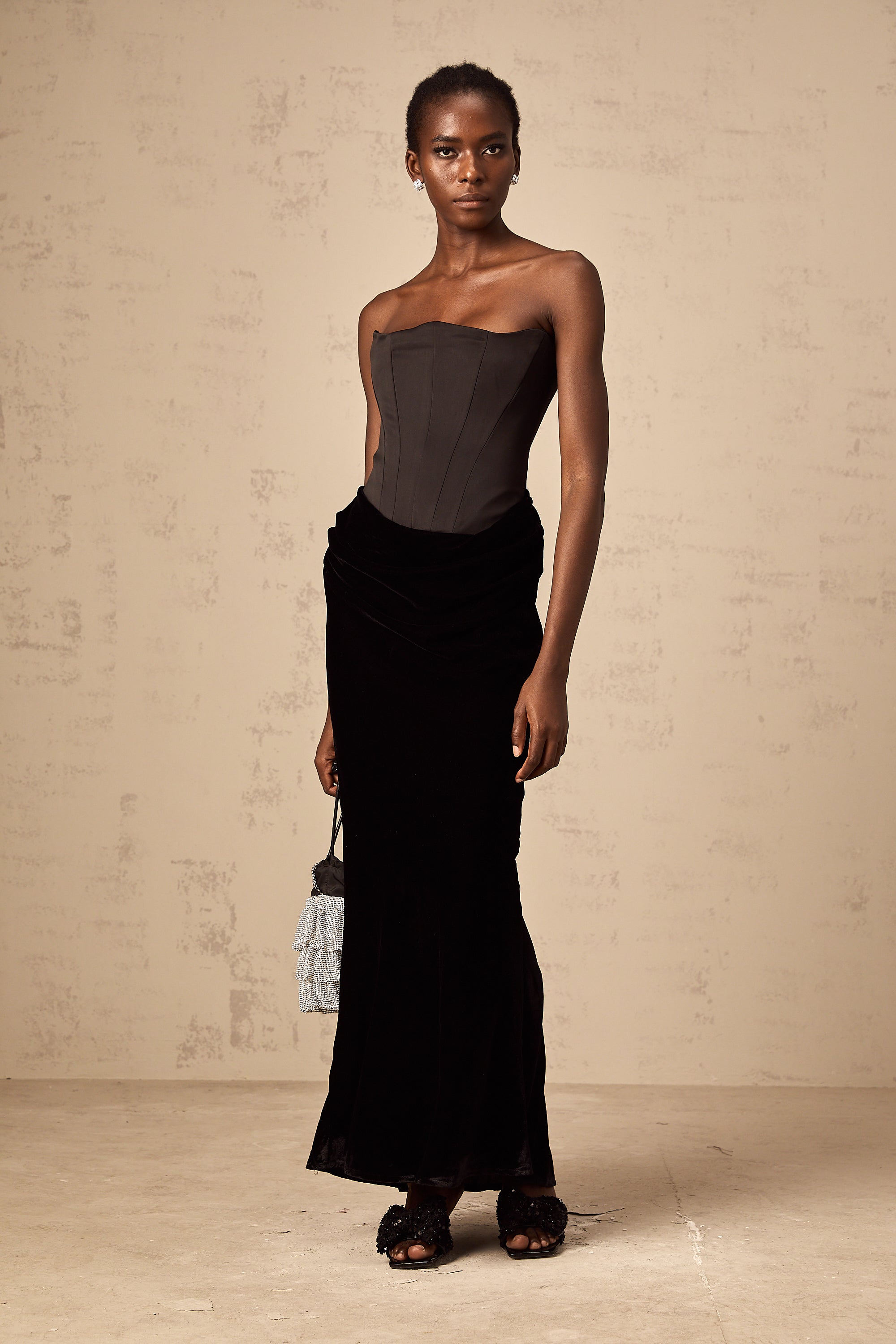 Aurore black velvet off-shoulder maxi dress