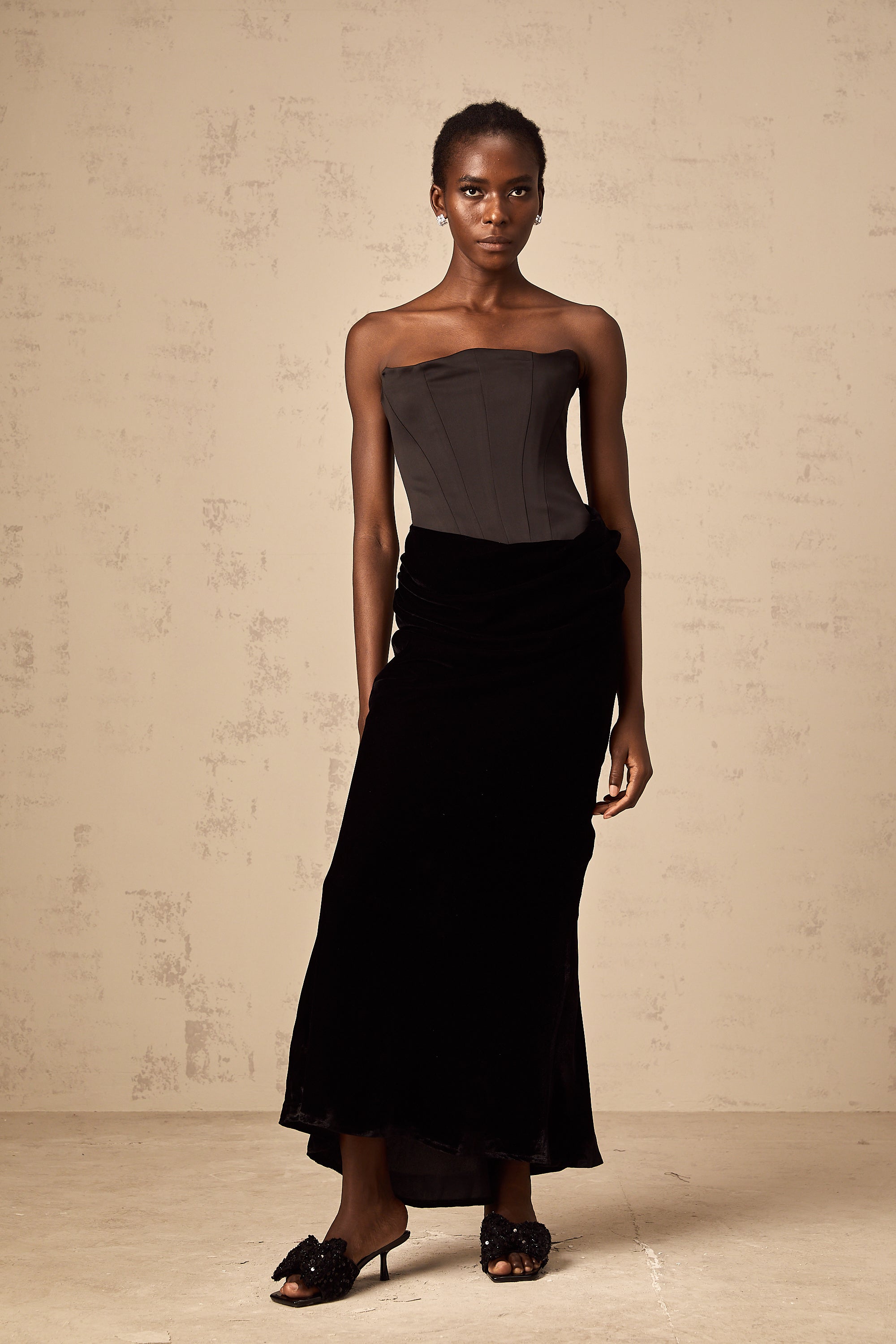 Aurore black velvet off-shoulder maxi dress
