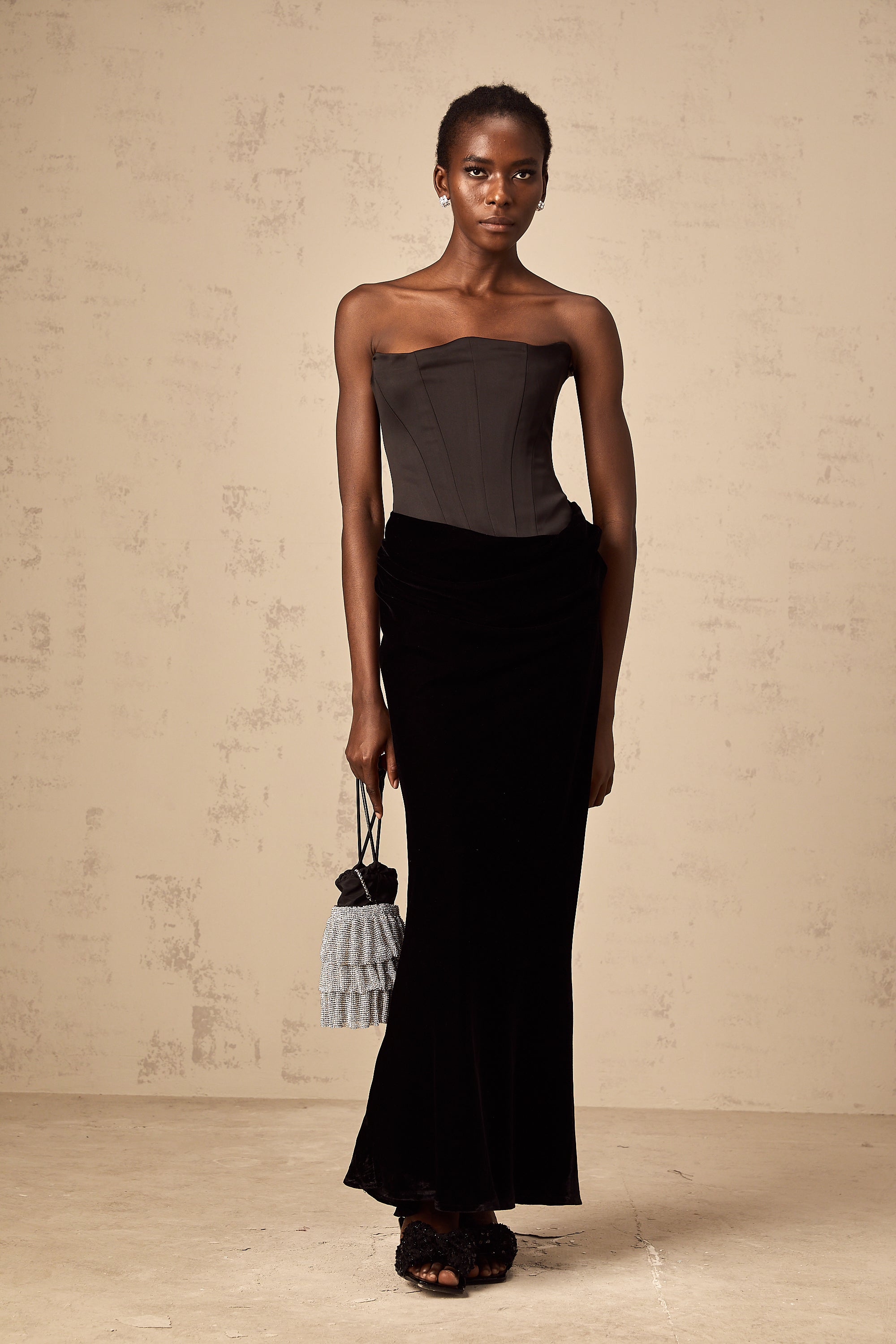 Aurore black velvet off-shoulder maxi dress