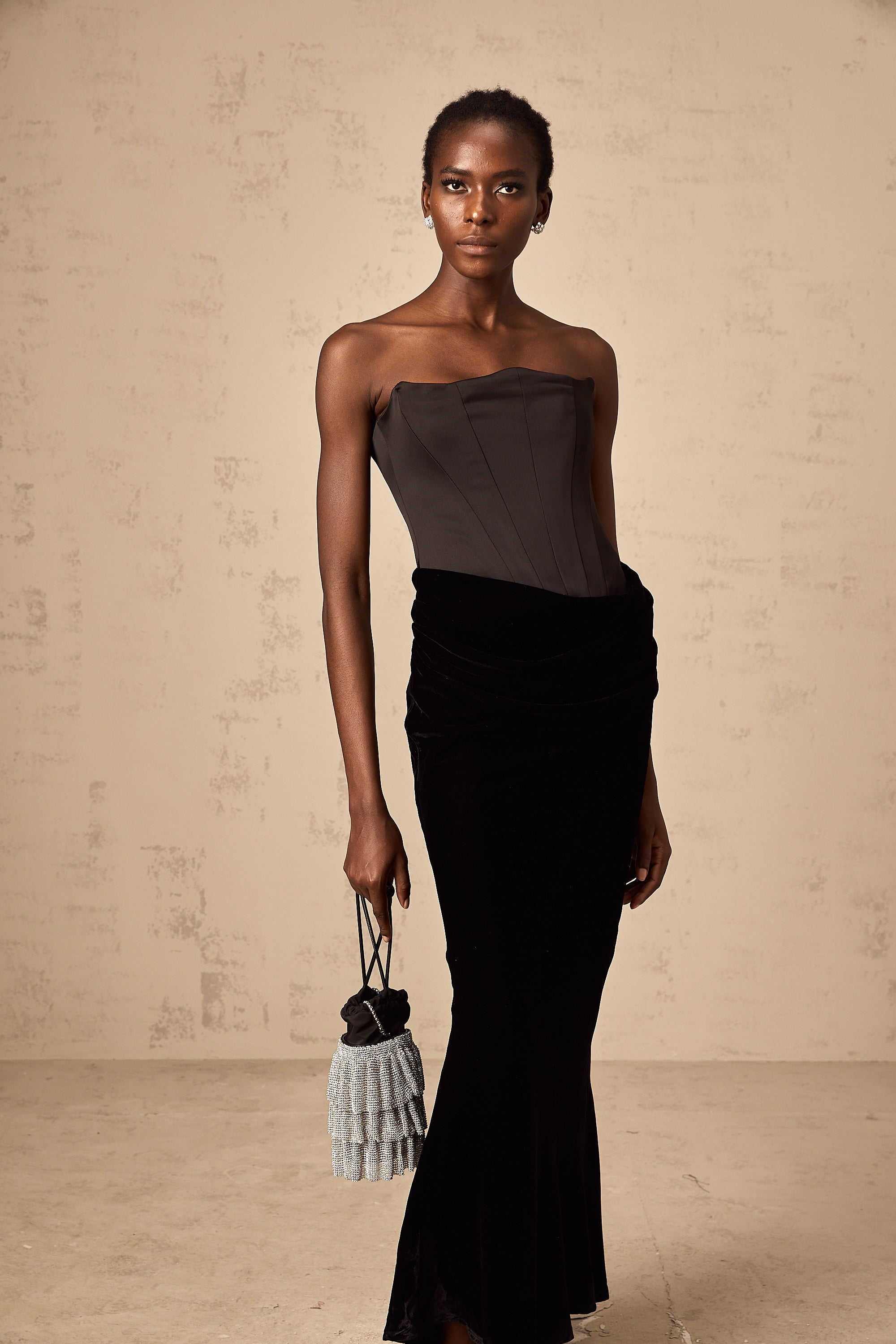 Aurore black velvet off-shoulder maxi dress