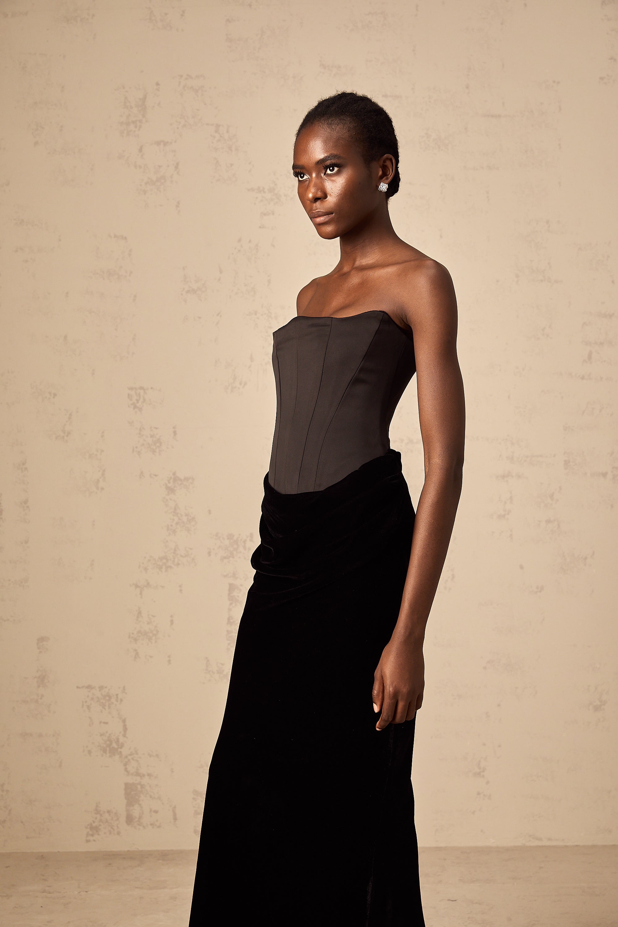 Aurore black velvet off-shoulder maxi dress