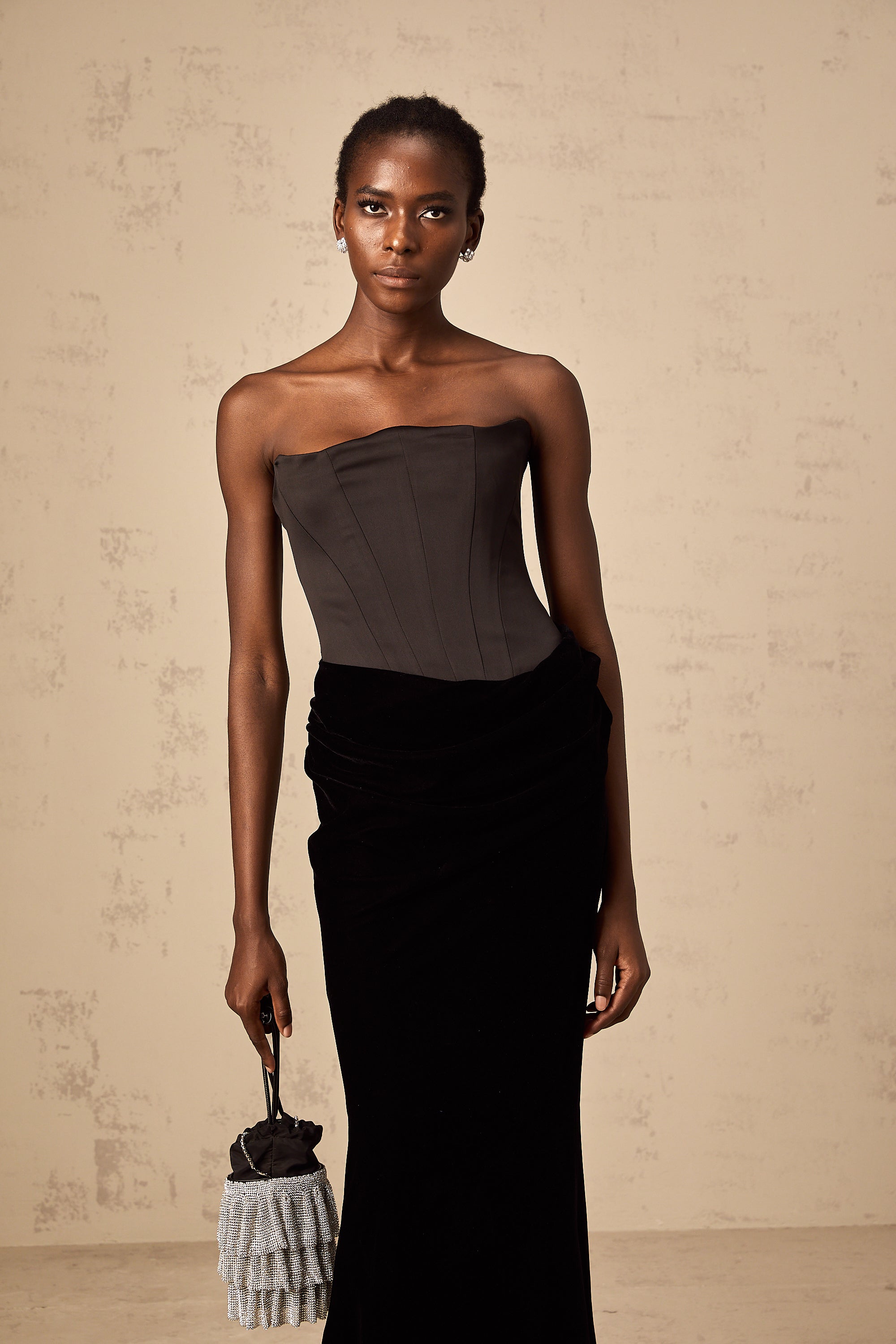 Aurore black velvet off-shoulder maxi dress