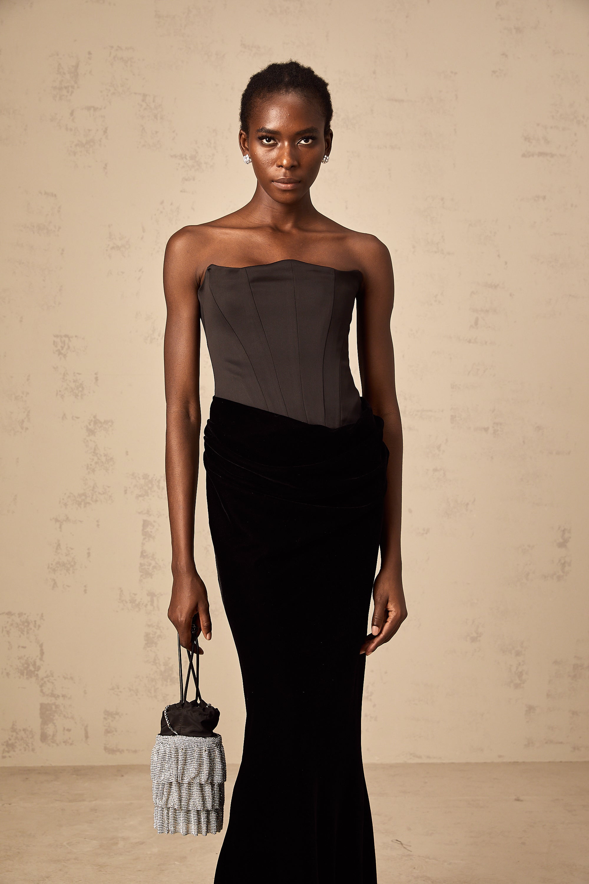 Aurore black velvet off-shoulder maxi dress