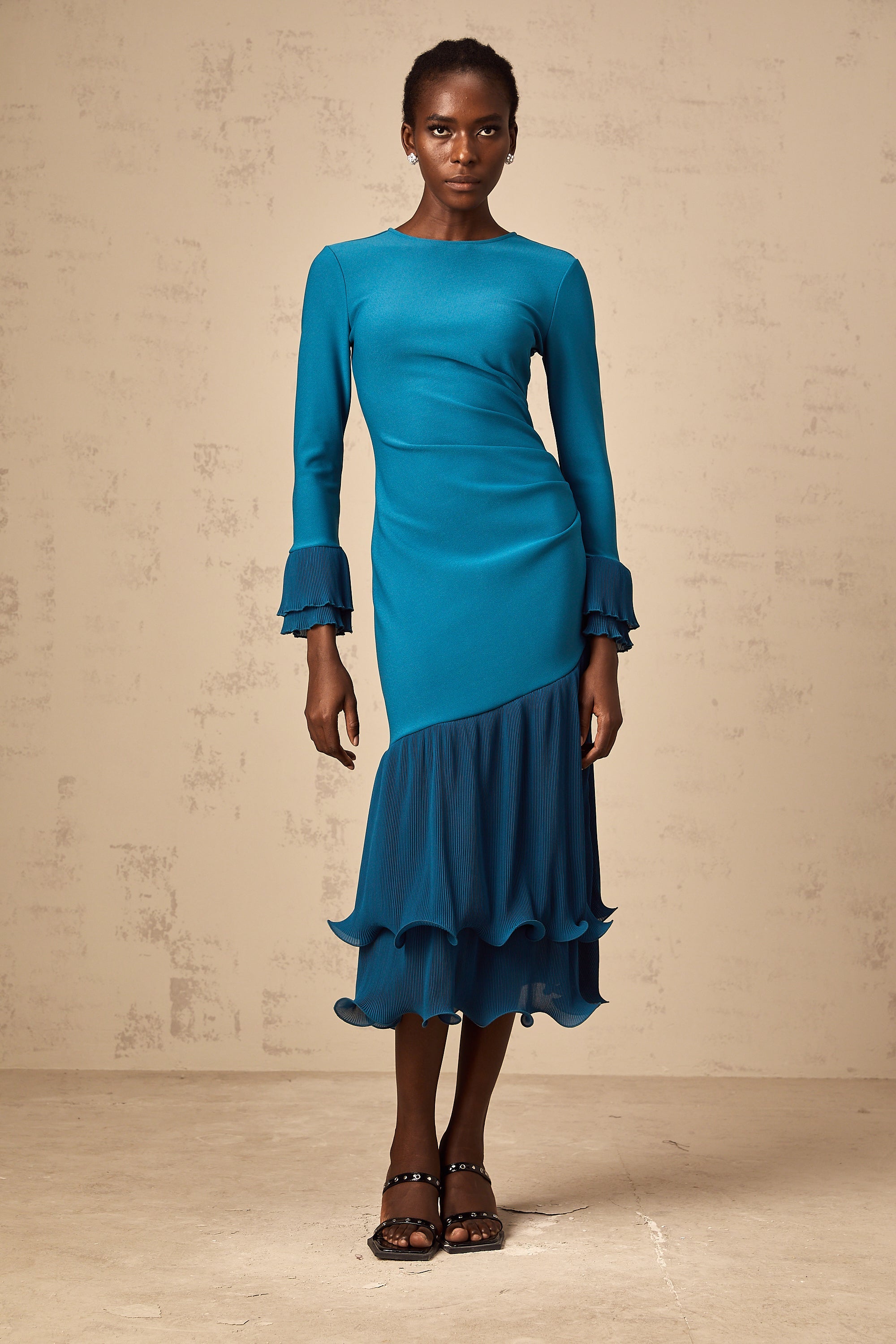 Fleurida ruffled-trim panelled midi dress in Blue (Final Sale-US Only)