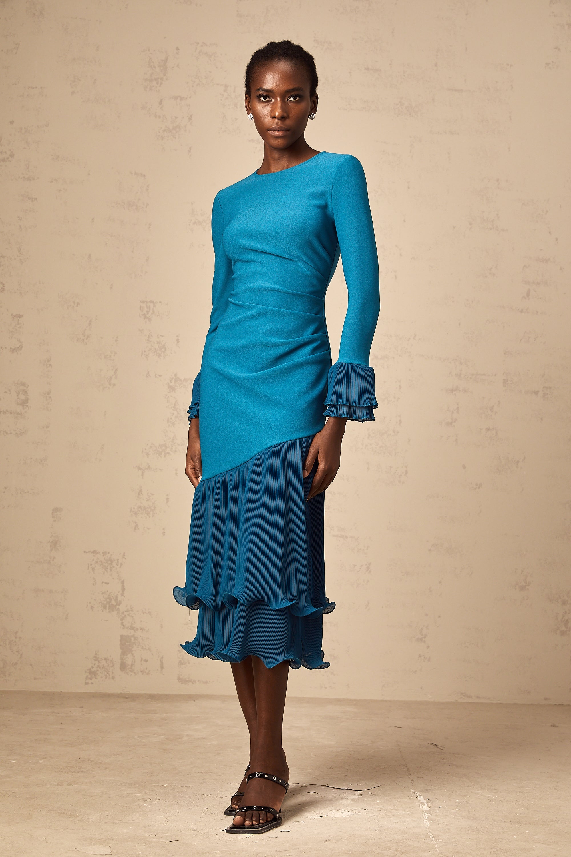 Fleurida ruffled-trim panelled midi dress in Blue (Final Sale-US Only)