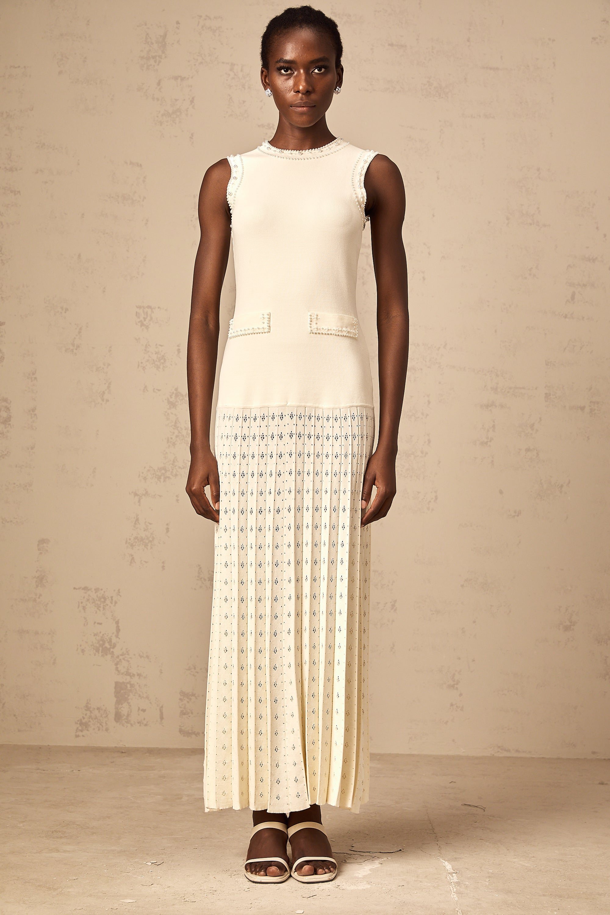 Donatienne white faux-pearl knitted maxi dress