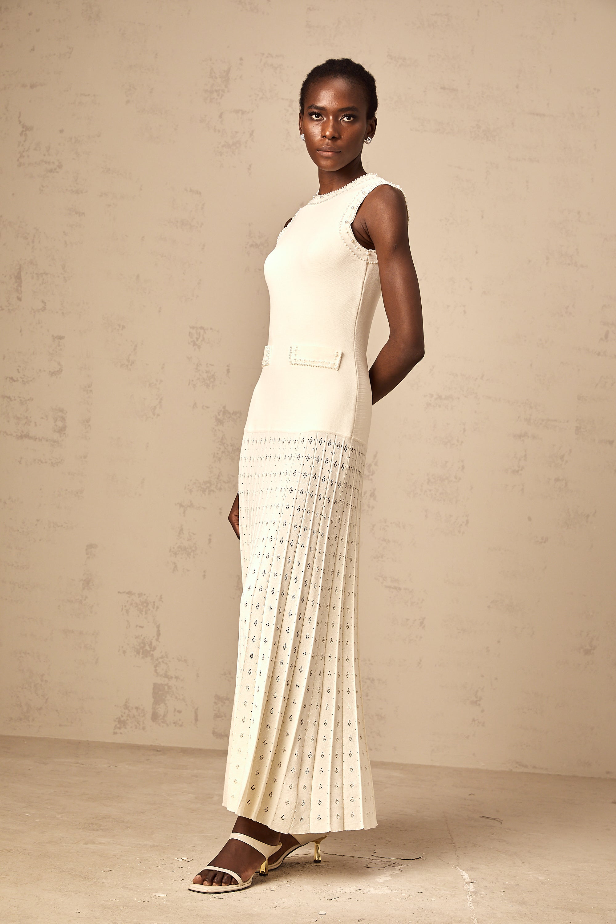 Donatienne white faux-pearl knitted maxi dress