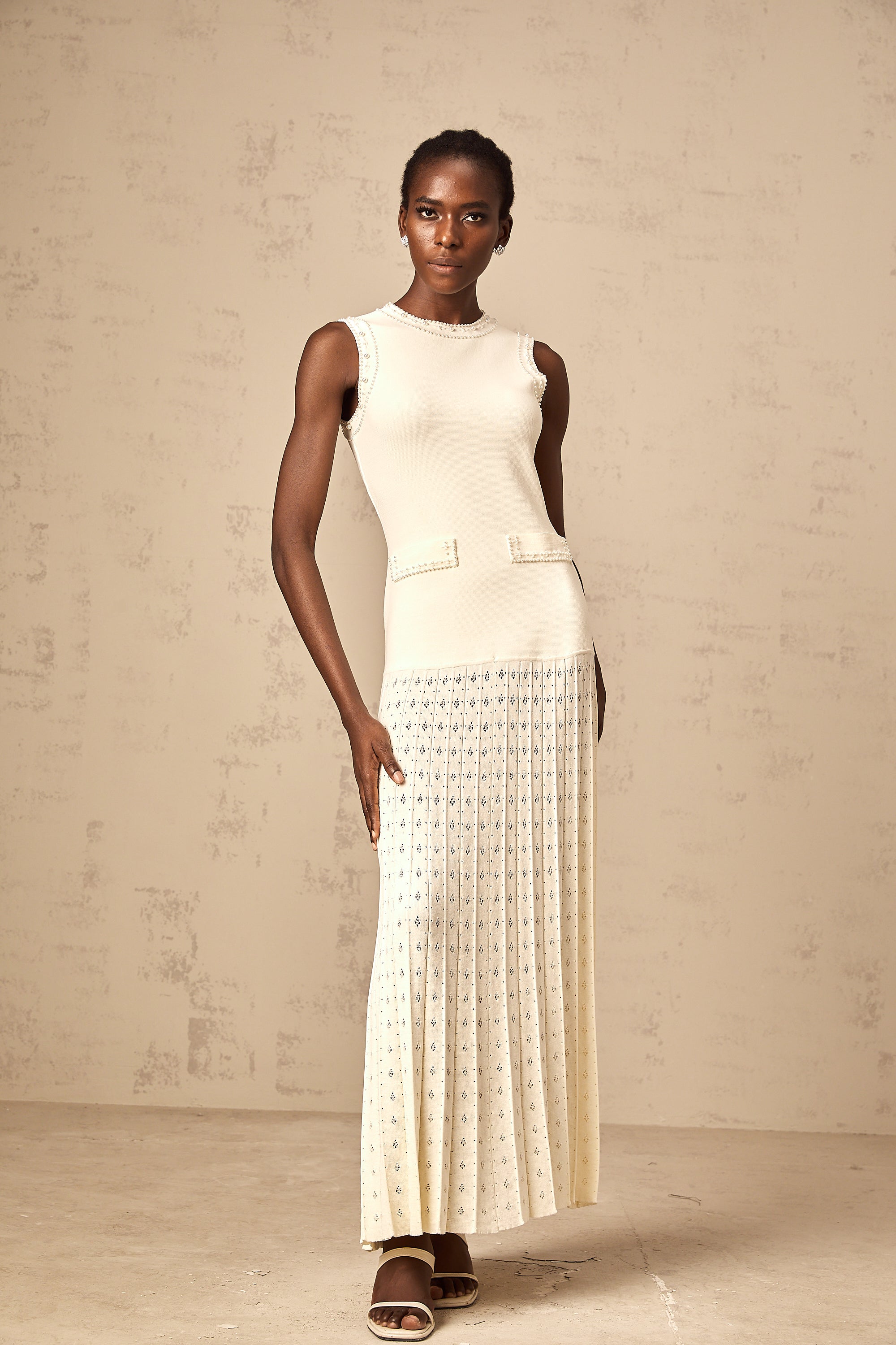 Donatienne white faux-pearl knitted maxi dress