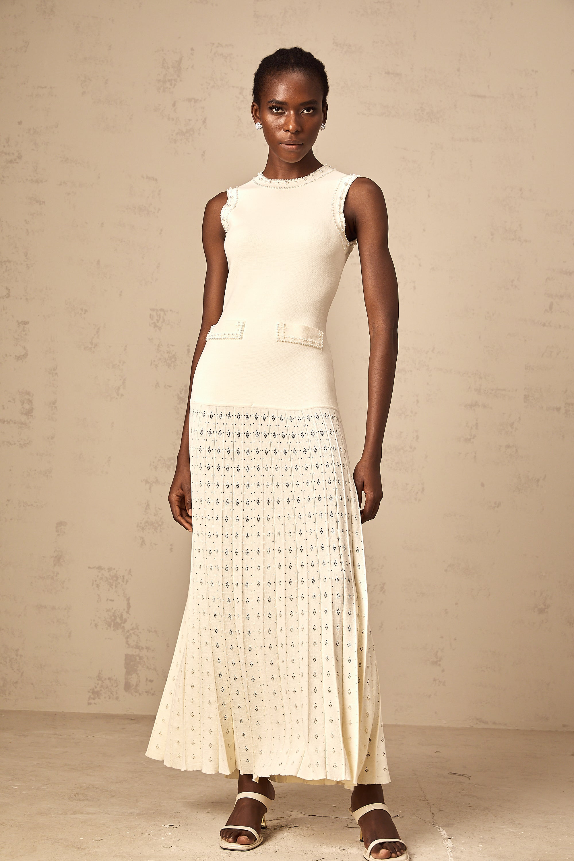 Donatienne white faux-pearl knitted maxi dress