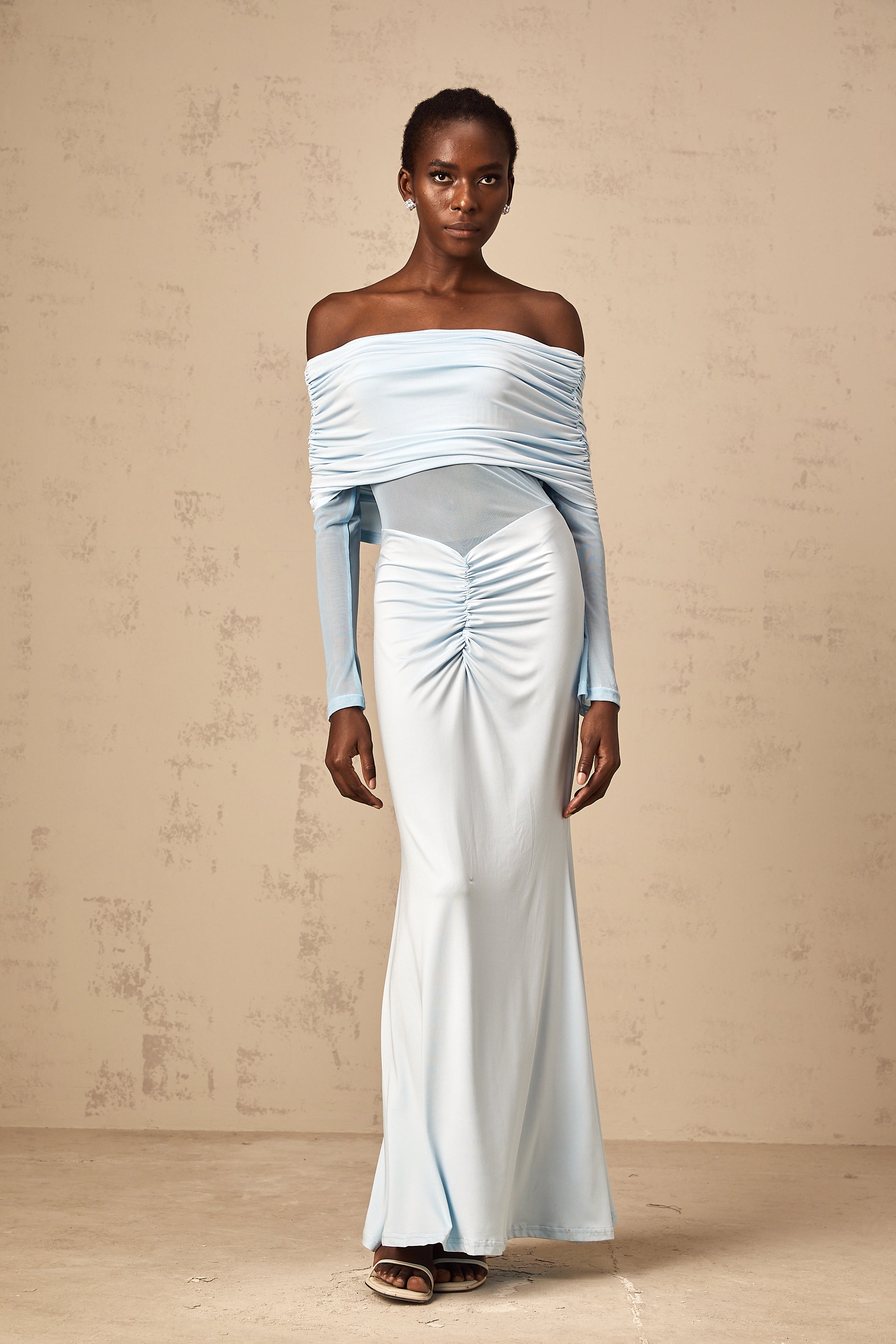 Ninon blue off-shoulder ruched maxi dress