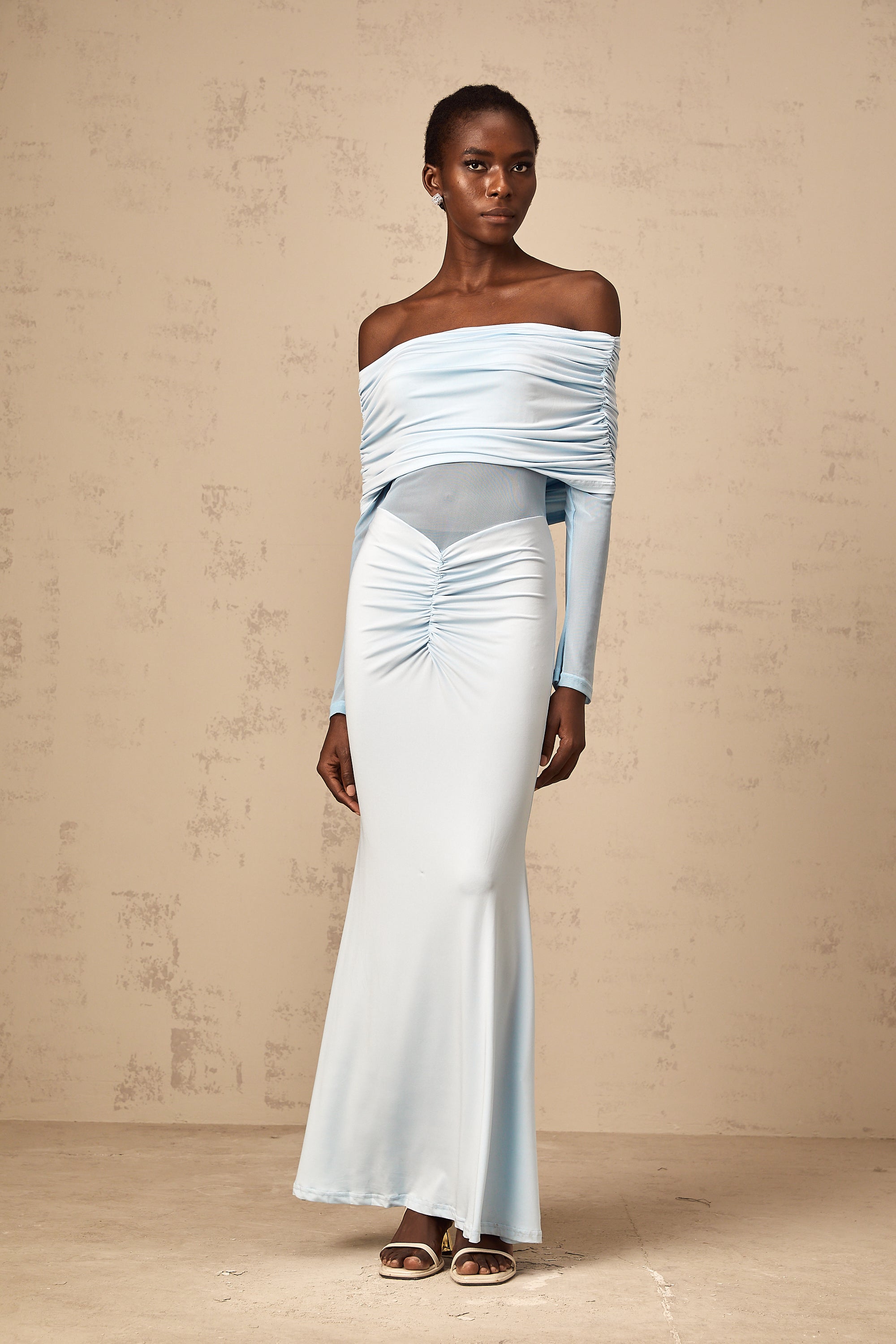 Ninon blue off-shoulder ruched maxi dress