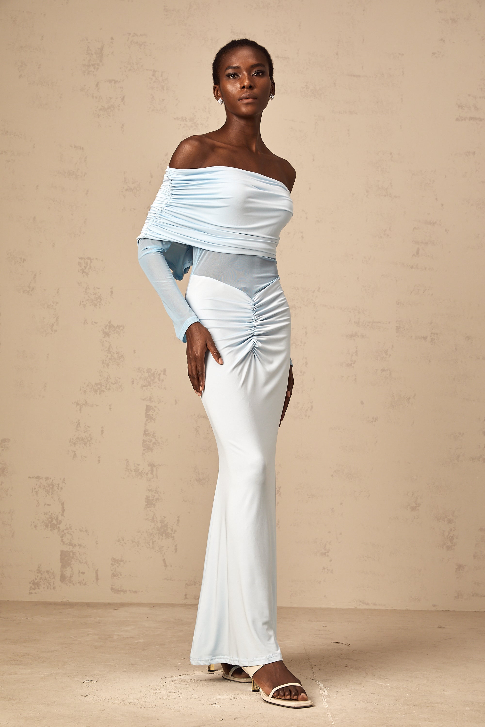 Ninon blue off-shoulder ruched maxi dress