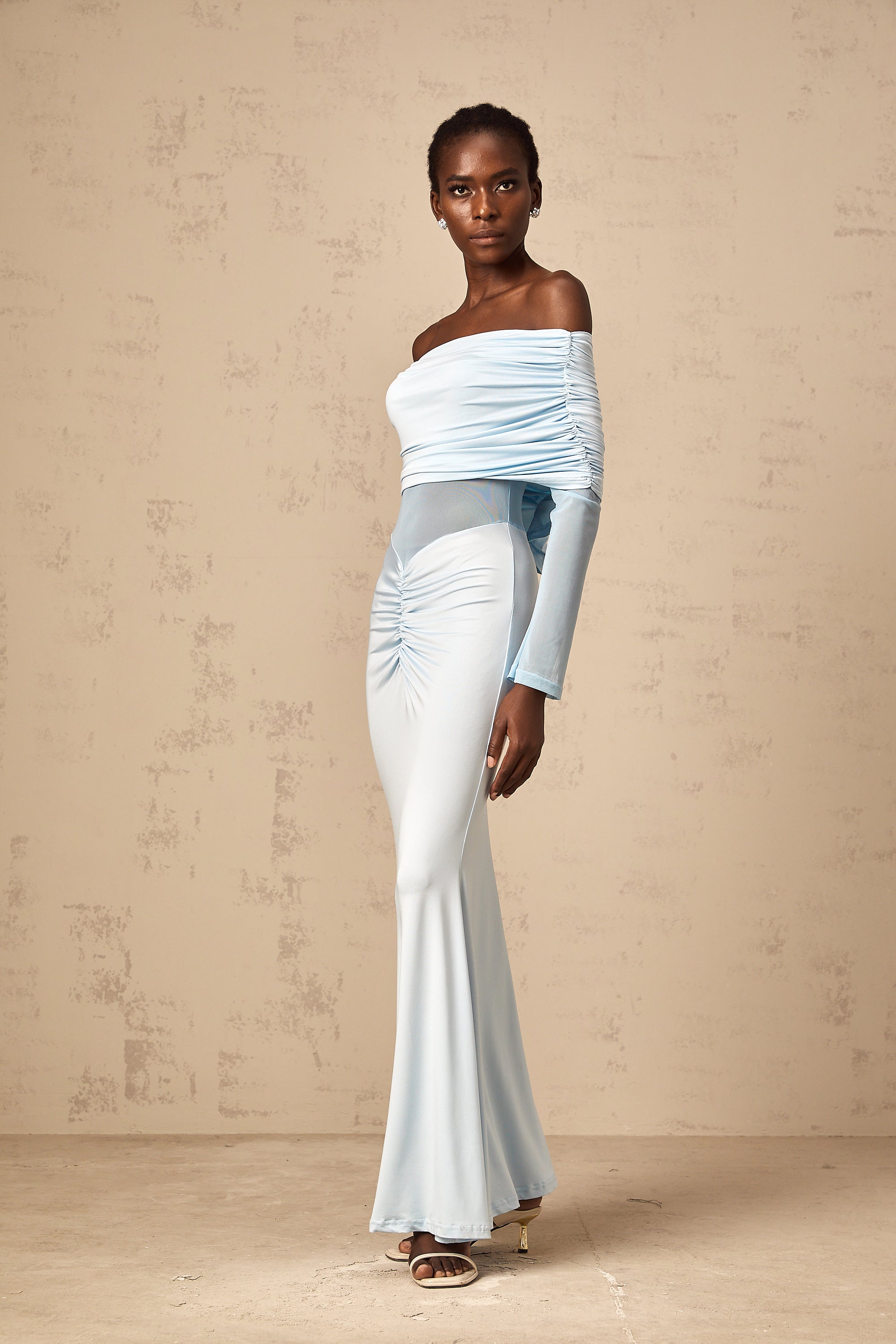 Ninon blue off-shoulder ruched maxi dress