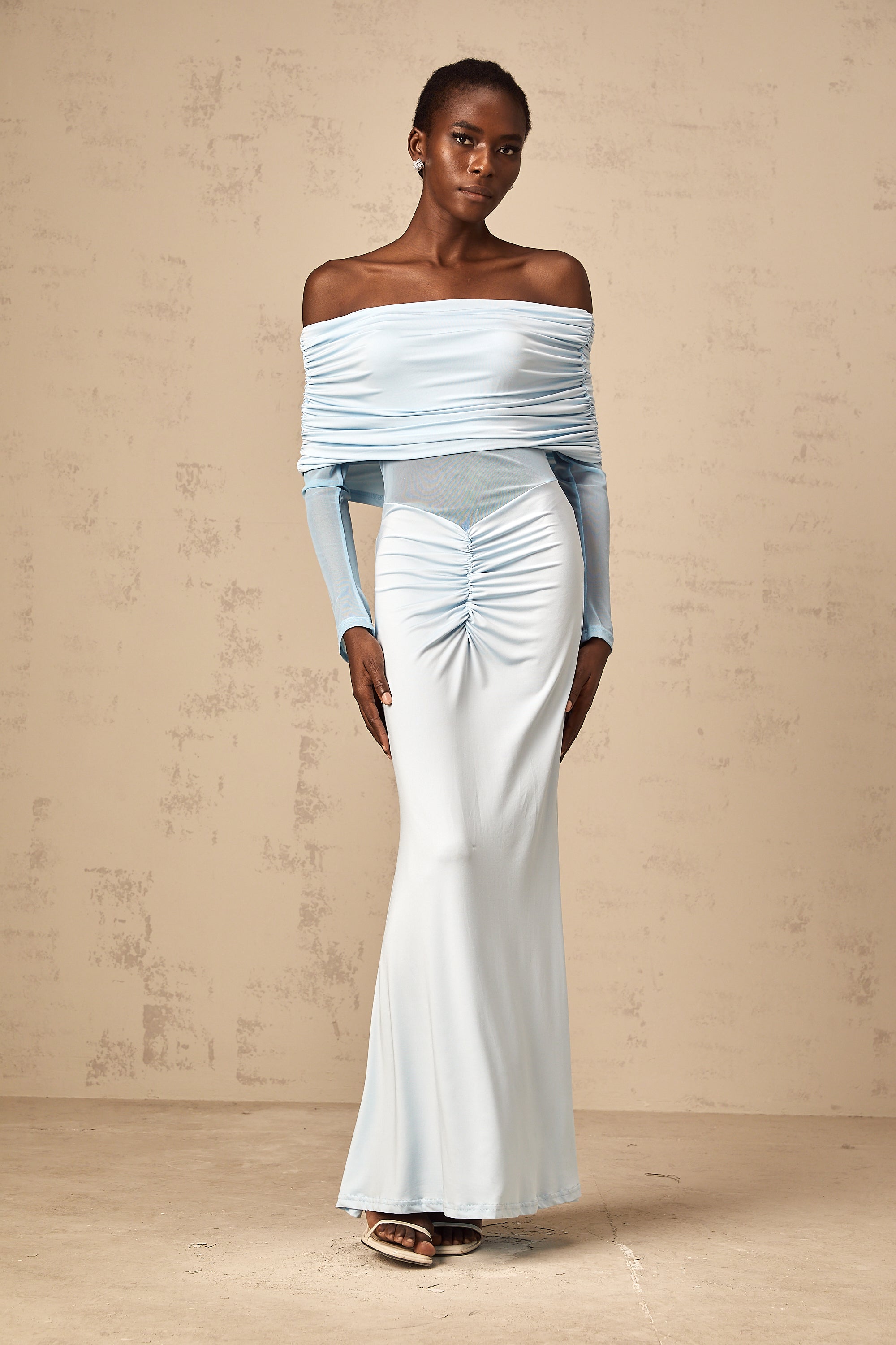 Ninon blue off-shoulder ruched maxi dress