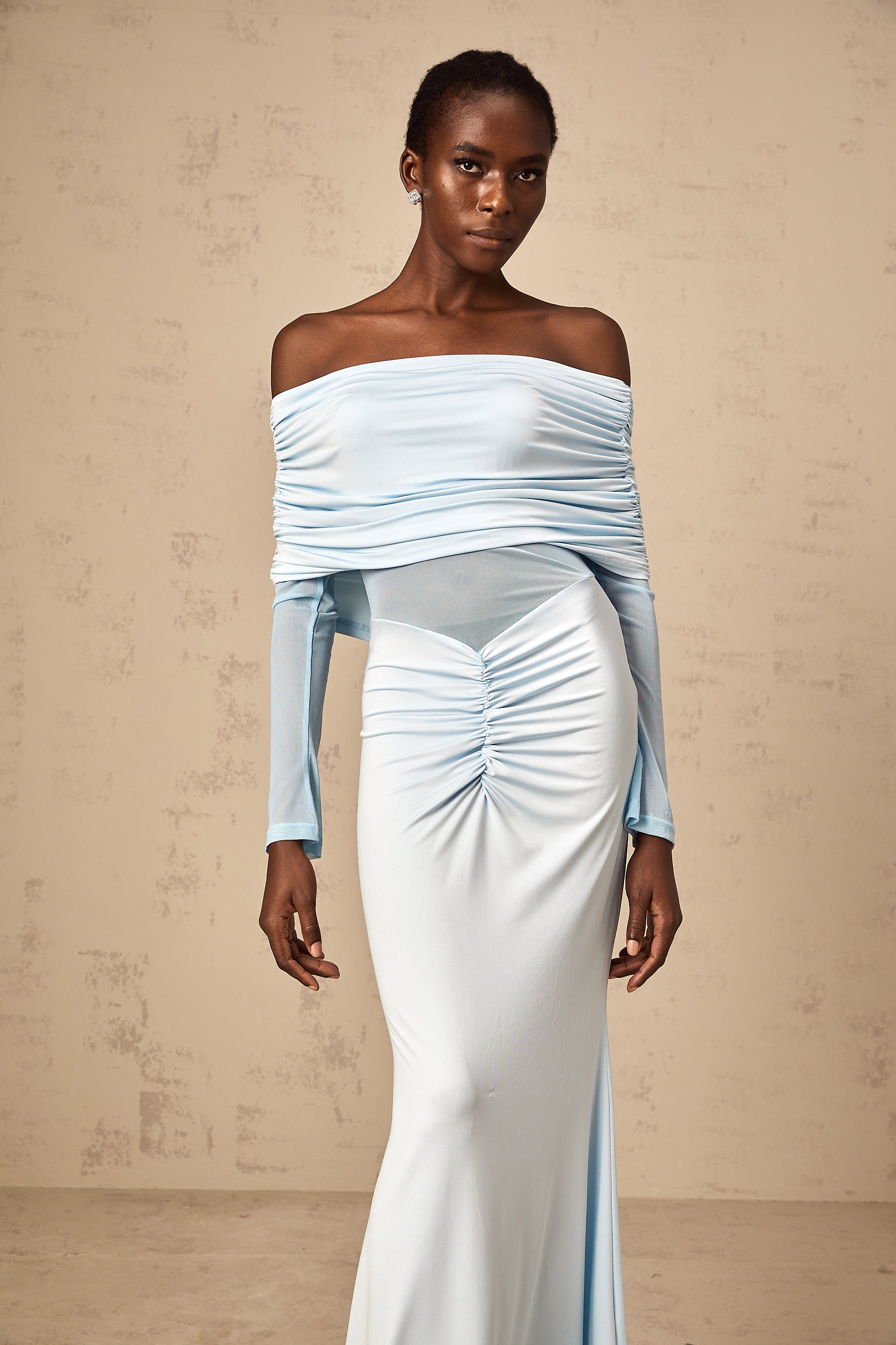 Ninon blue off-shoulder ruched maxi dress