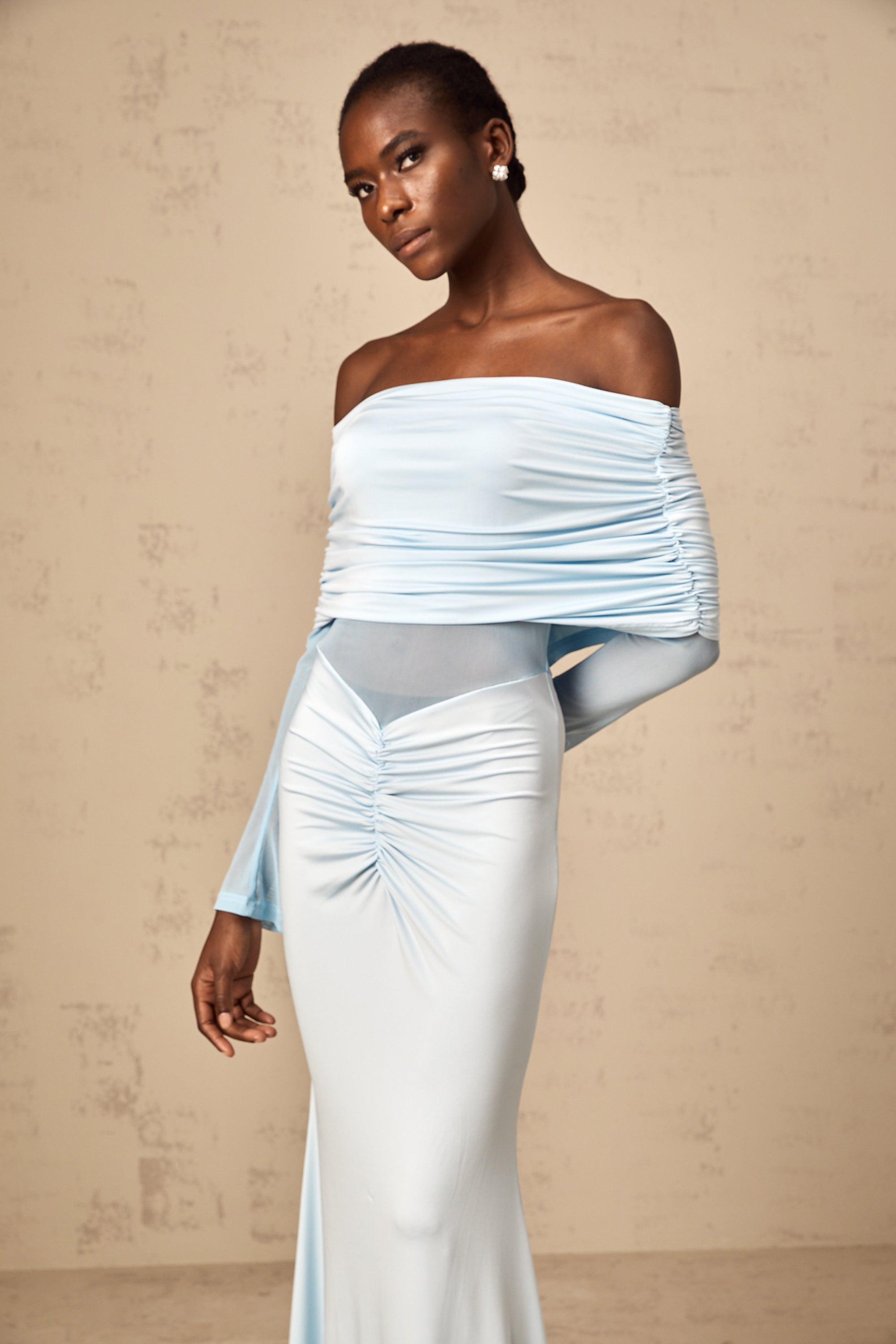 Ninon blue off-shoulder ruched maxi dress