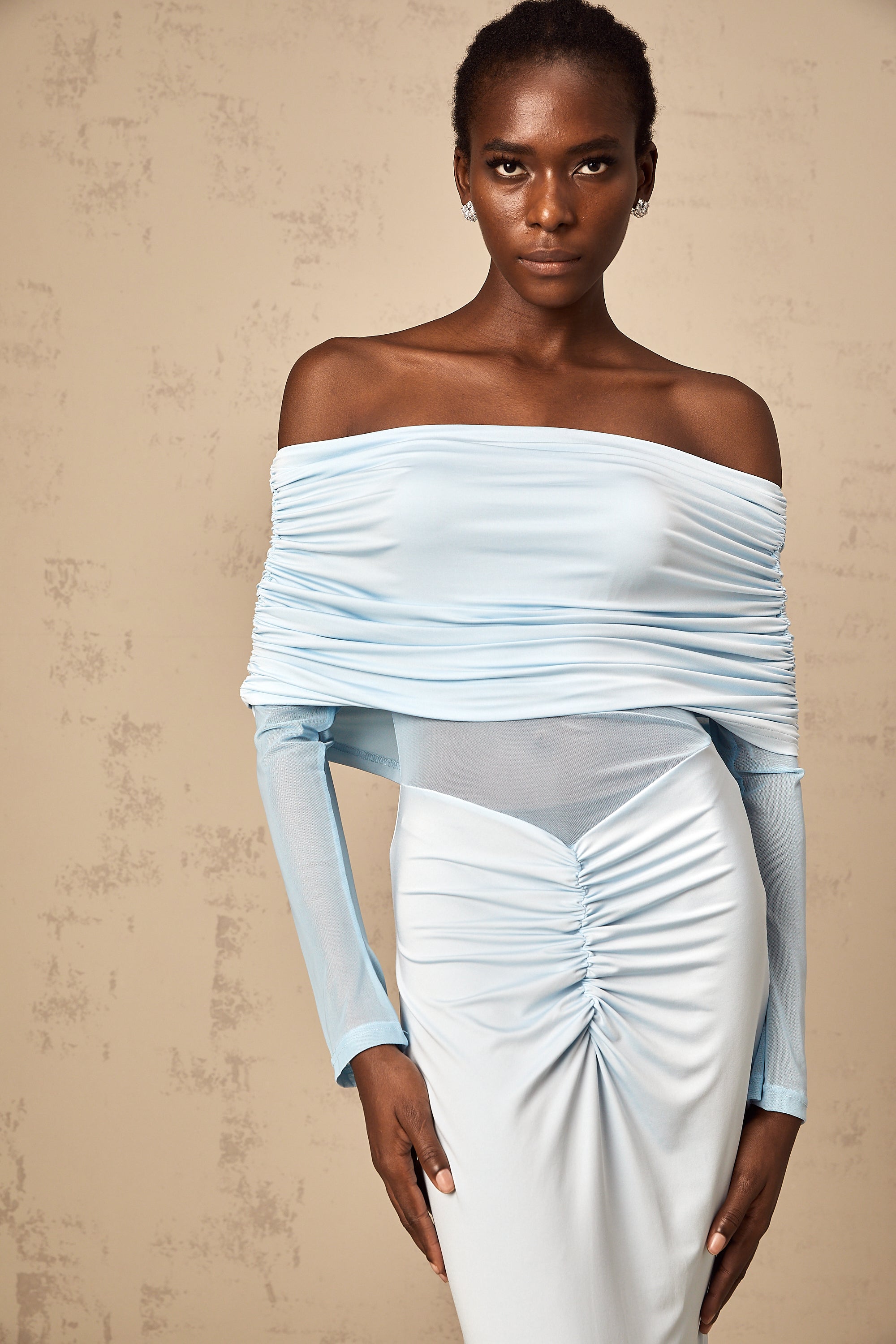 Ninon blue off-shoulder ruched maxi dress