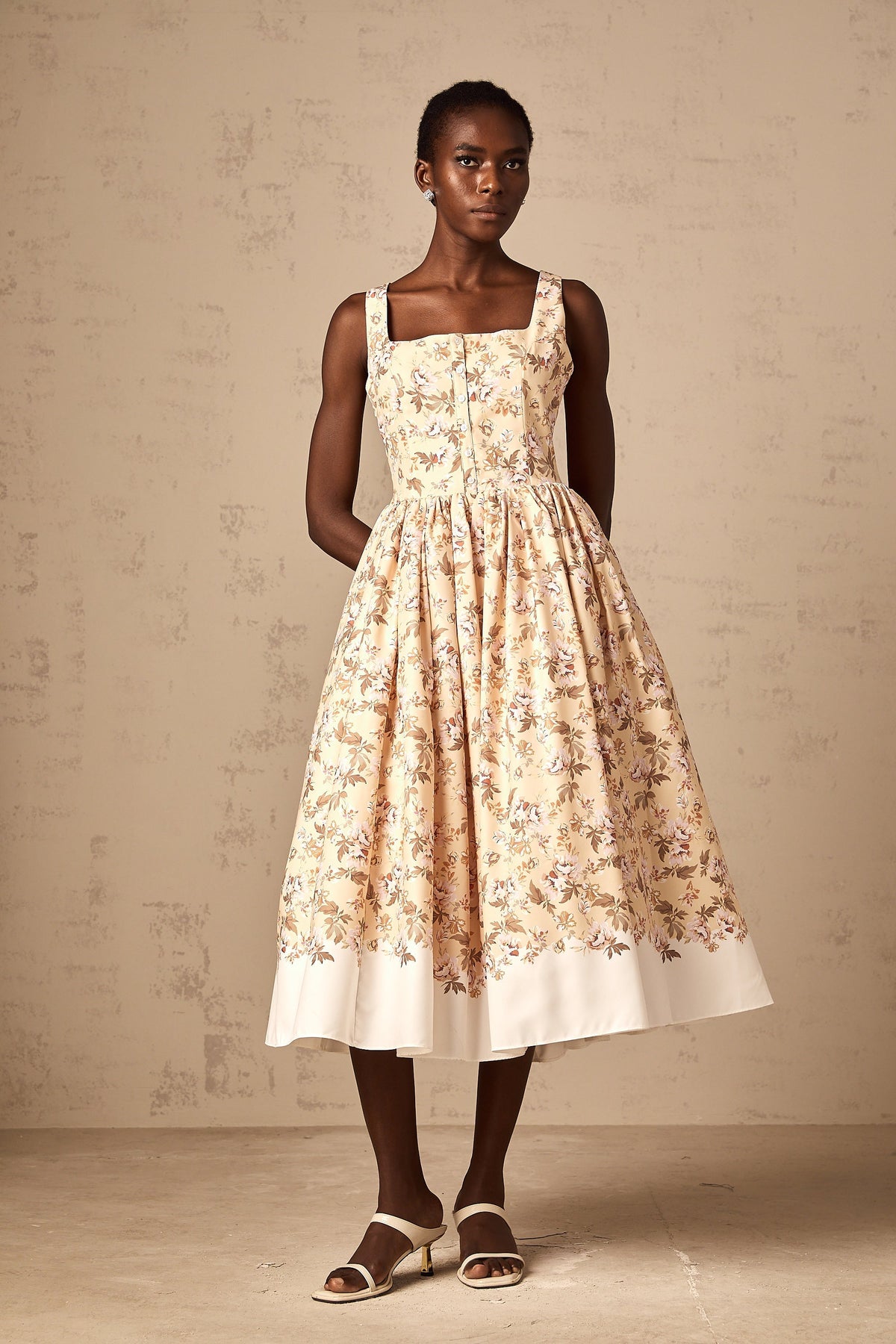 Alizée yellow floral-print buttoned midi dress