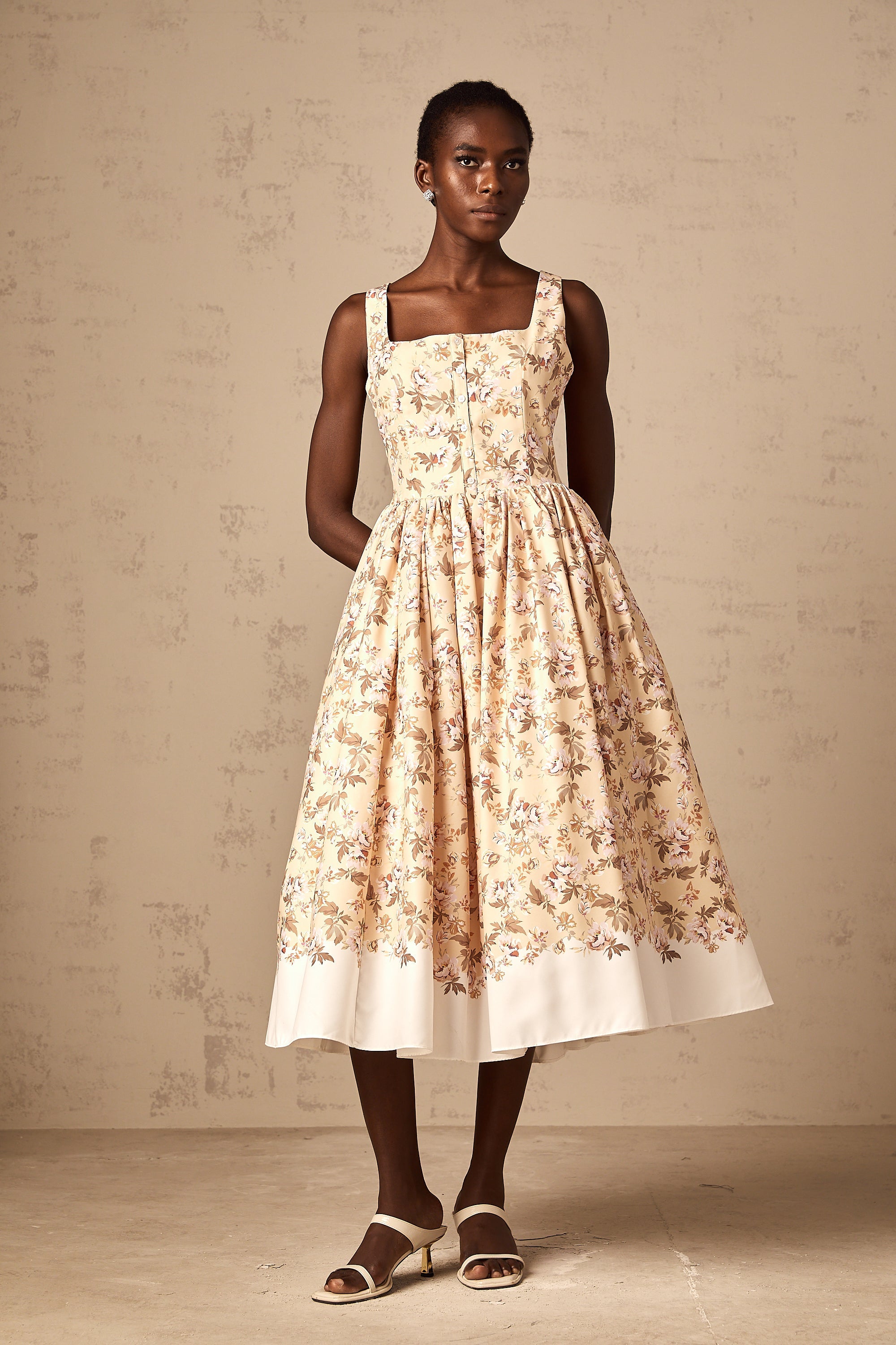 Alizée yellow floral-print buttoned midi dress