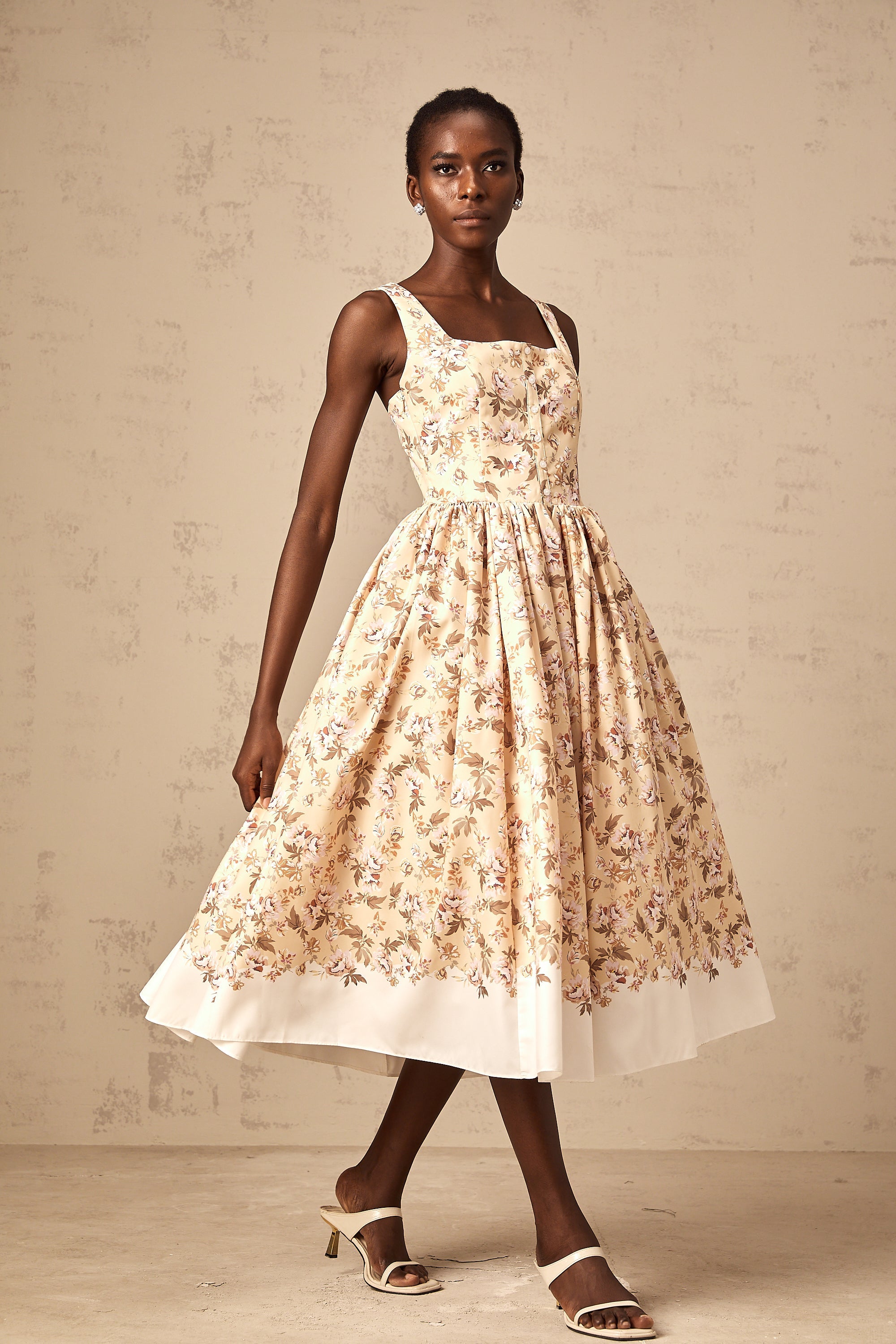 Alizée yellow floral-print buttoned midi dress