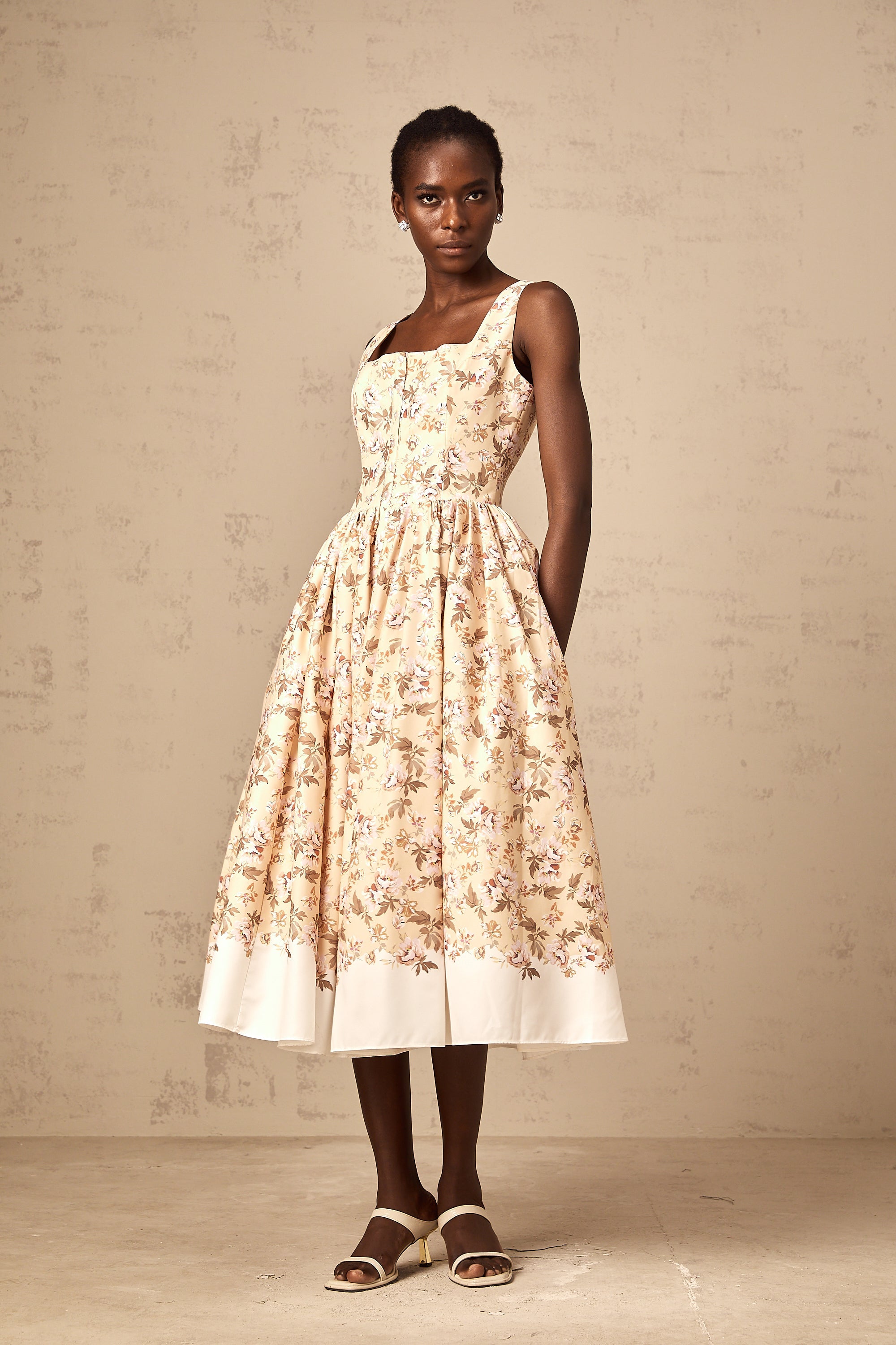 Alizée yellow floral-print buttoned midi dress
