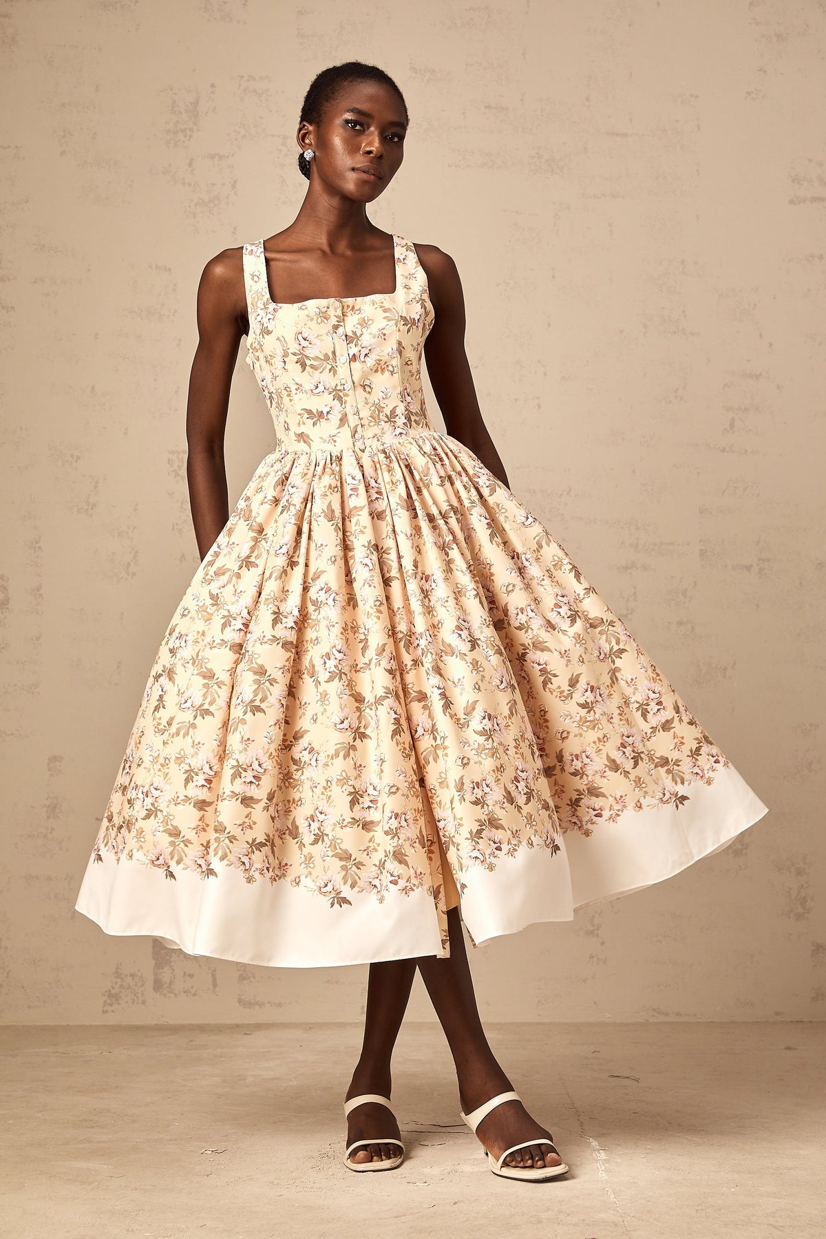 Alizée yellow floral-print buttoned midi dress