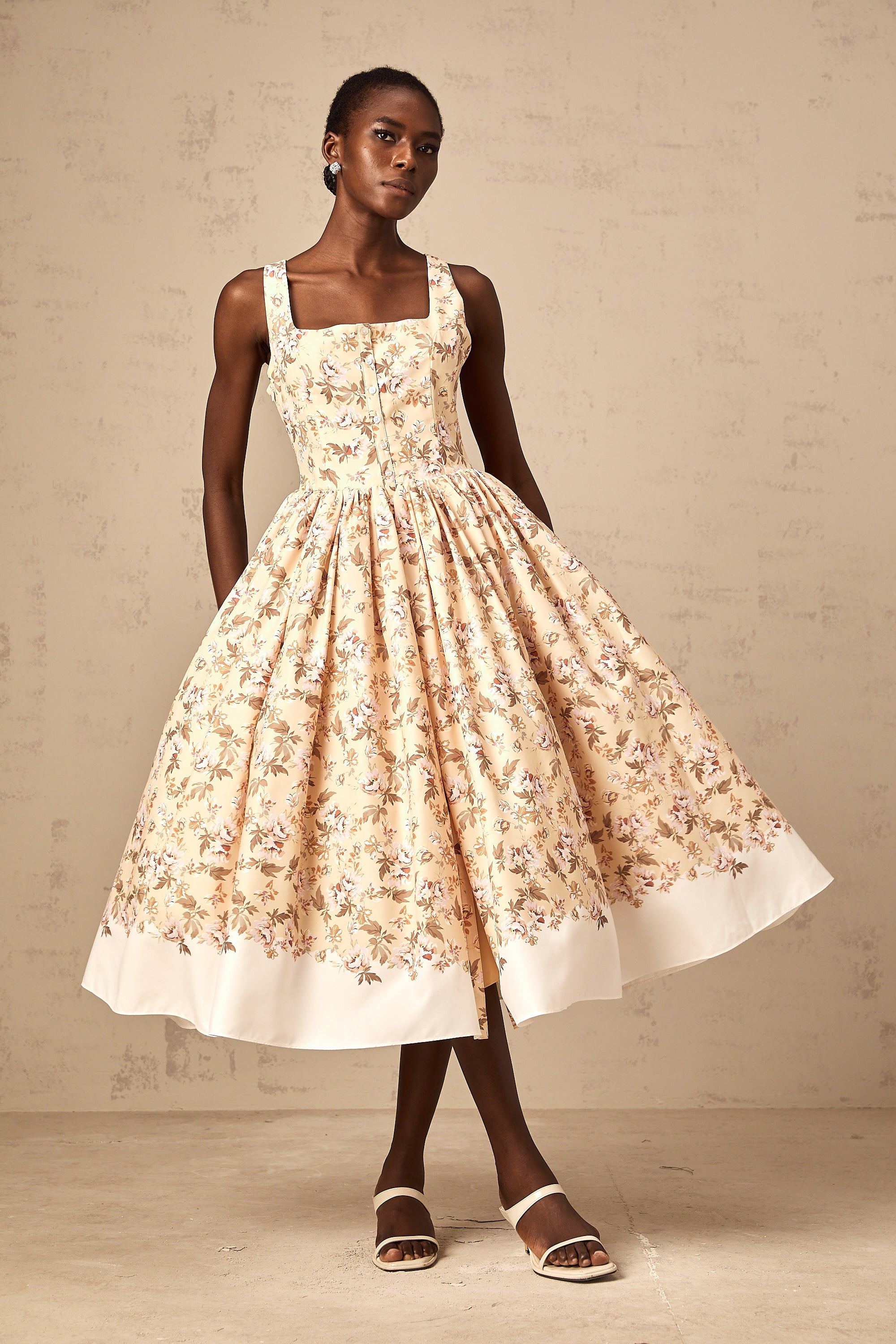 Alizée yellow floral-print buttoned midi dress