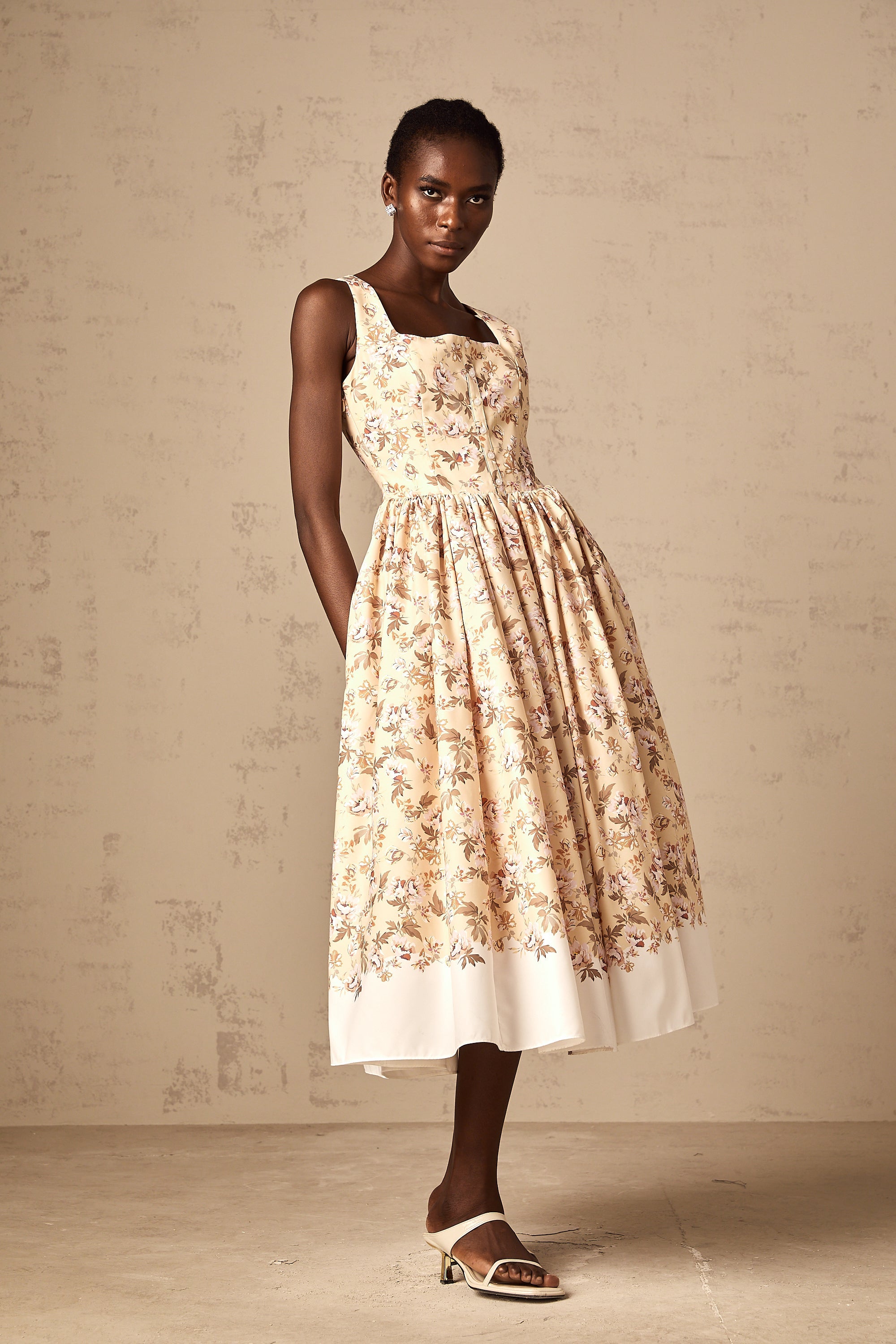 Alizée yellow floral-print buttoned midi dress