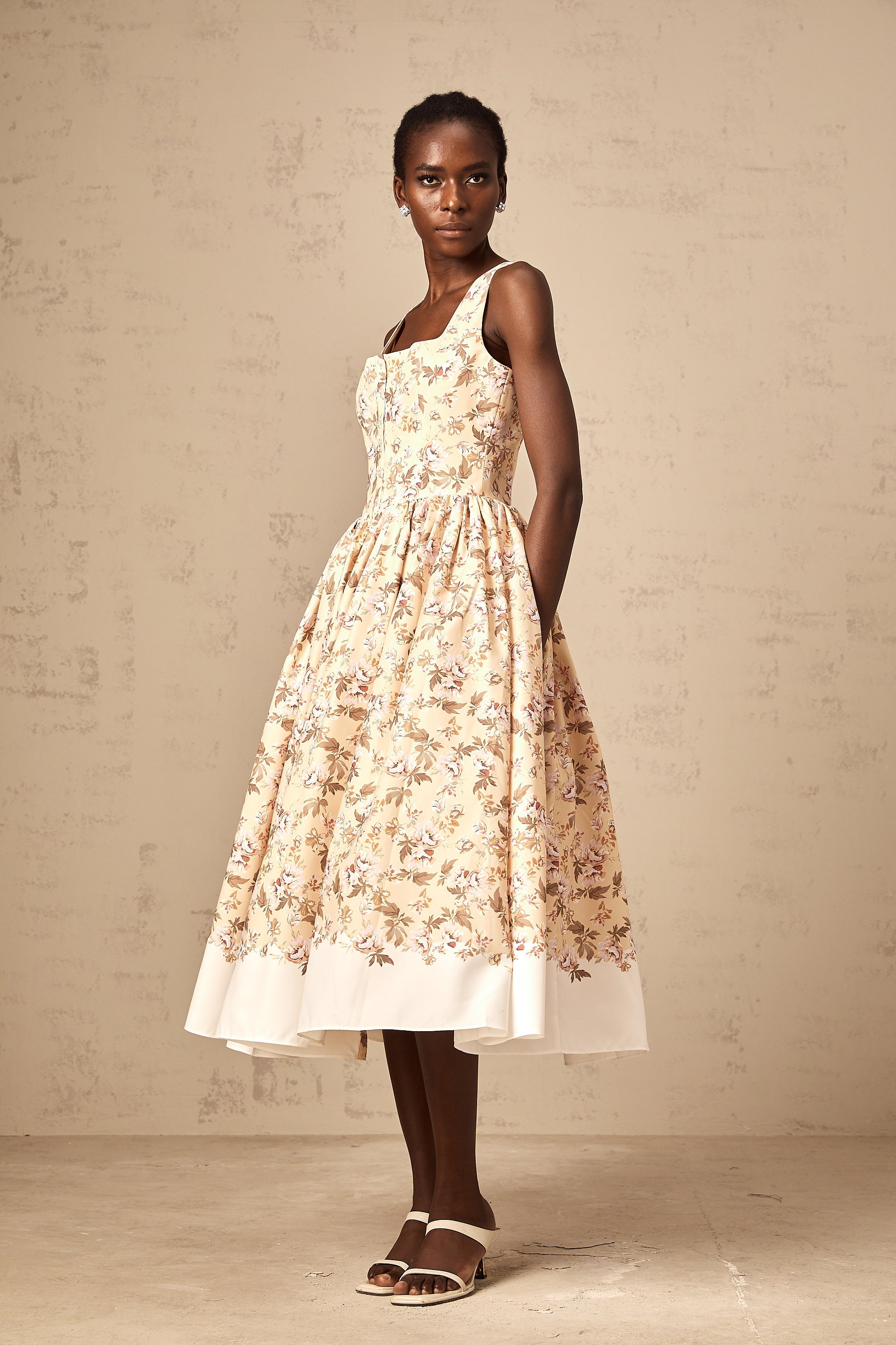 Alizée yellow floral-print buttoned midi dress